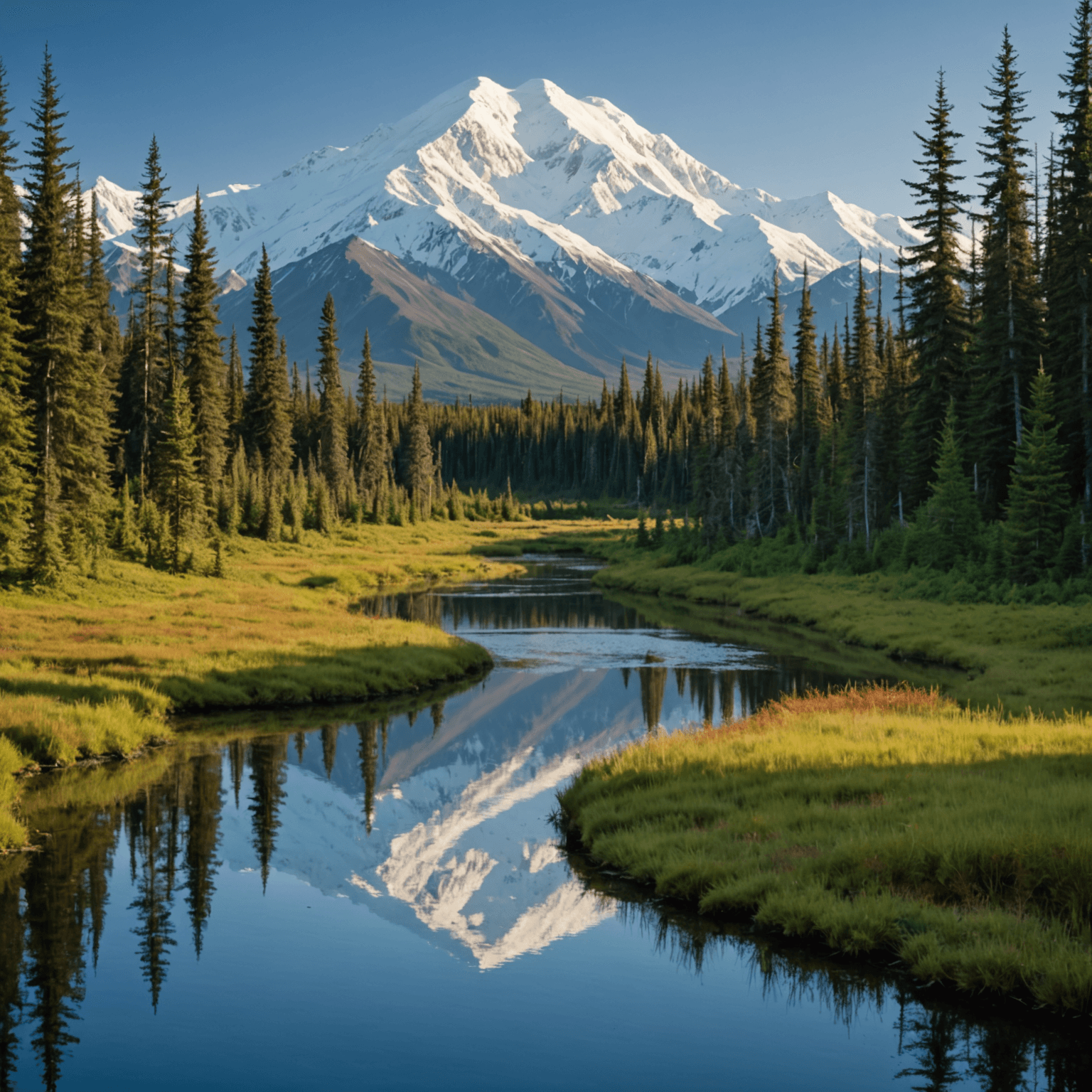 A stunning view of Denali with a clear blue sky in the background.
