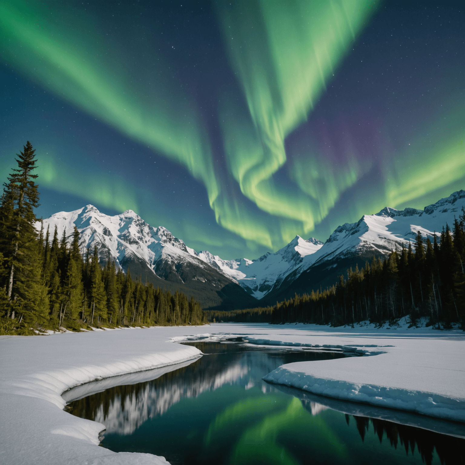 The Northern Lights illuminating the Alaskan night sky over a snowy wilderness.