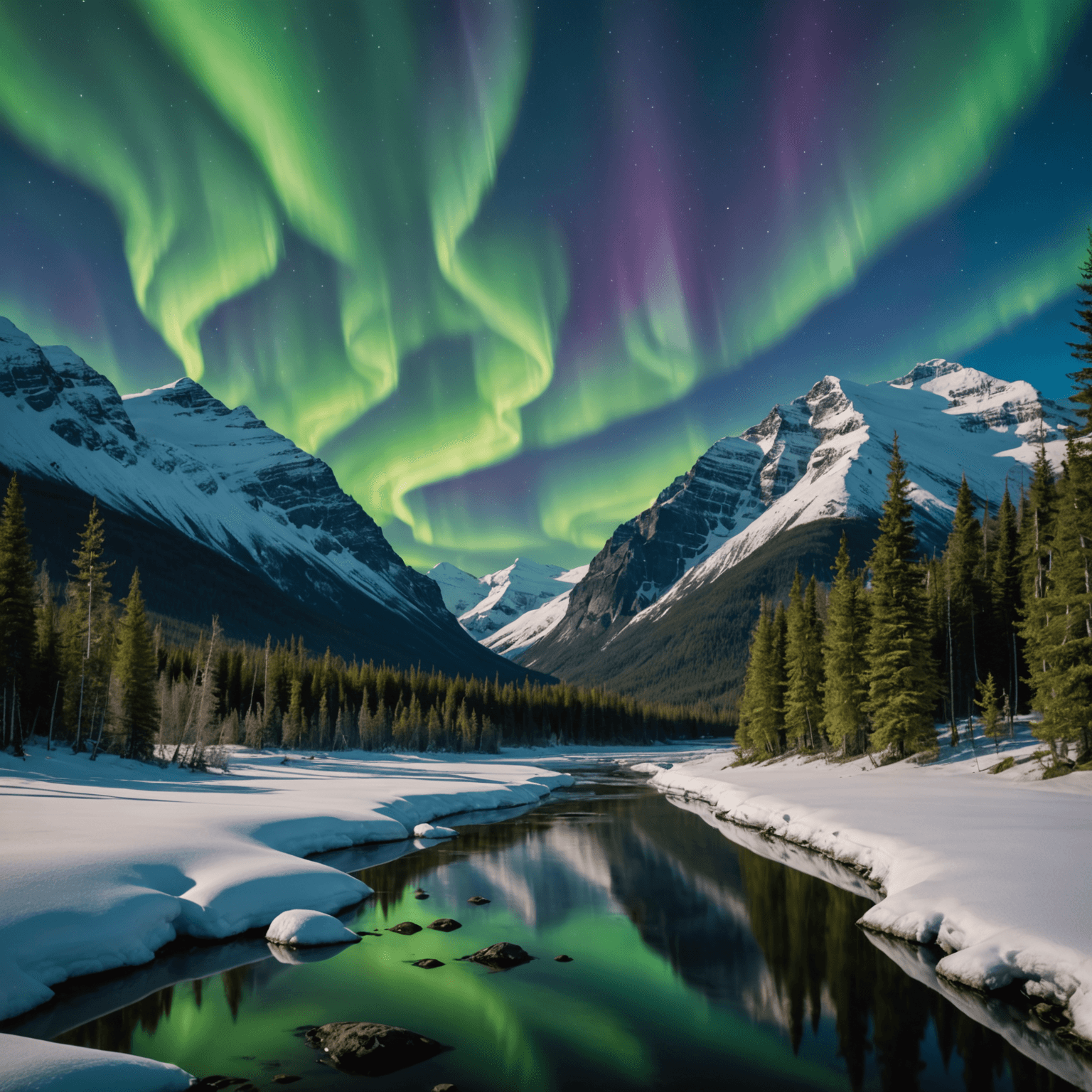 The Northern Lights illuminating the night sky as a snowmobiler rides beneath them