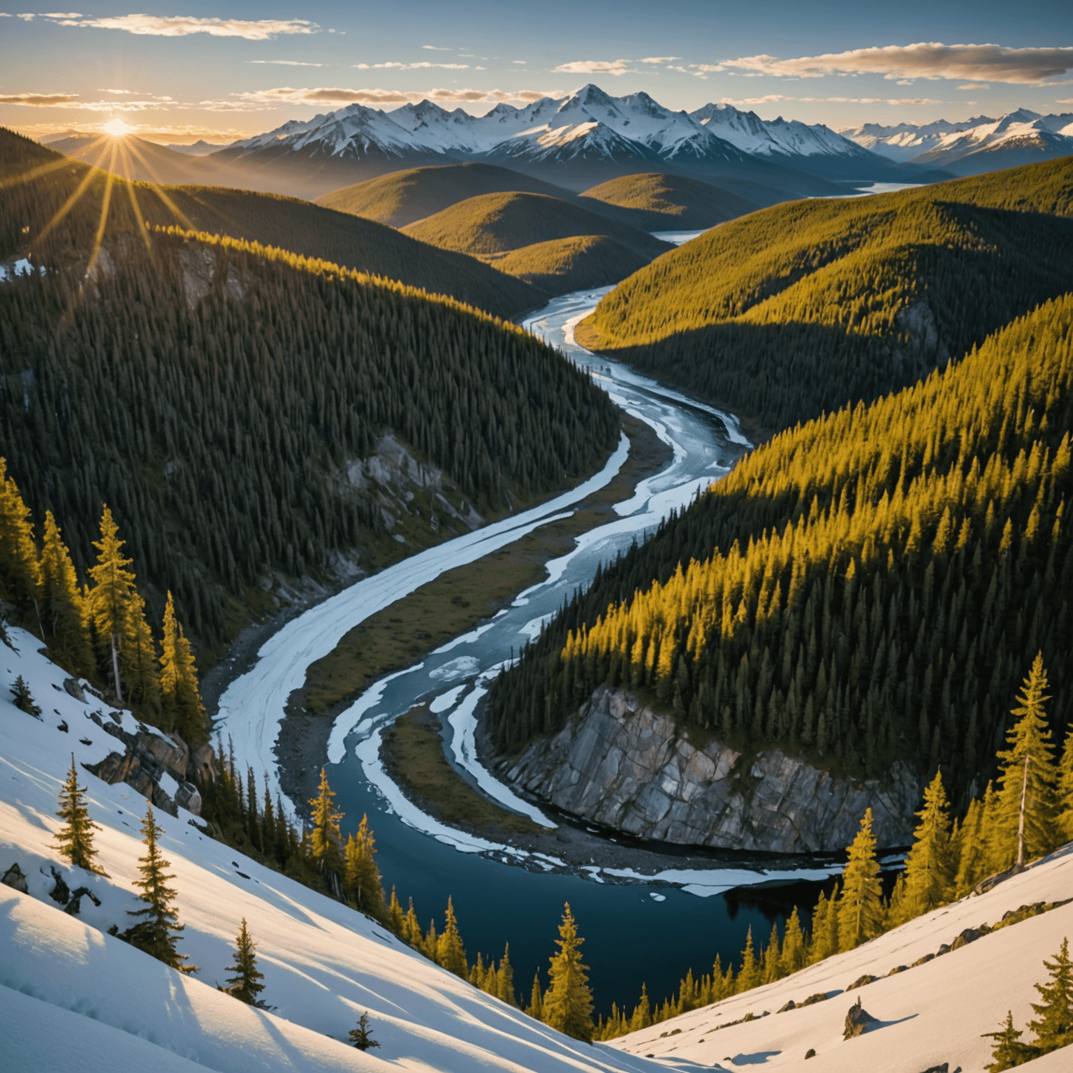 Snowmobilers riding through Denali National Park, surrounded by snow-covered mountains.