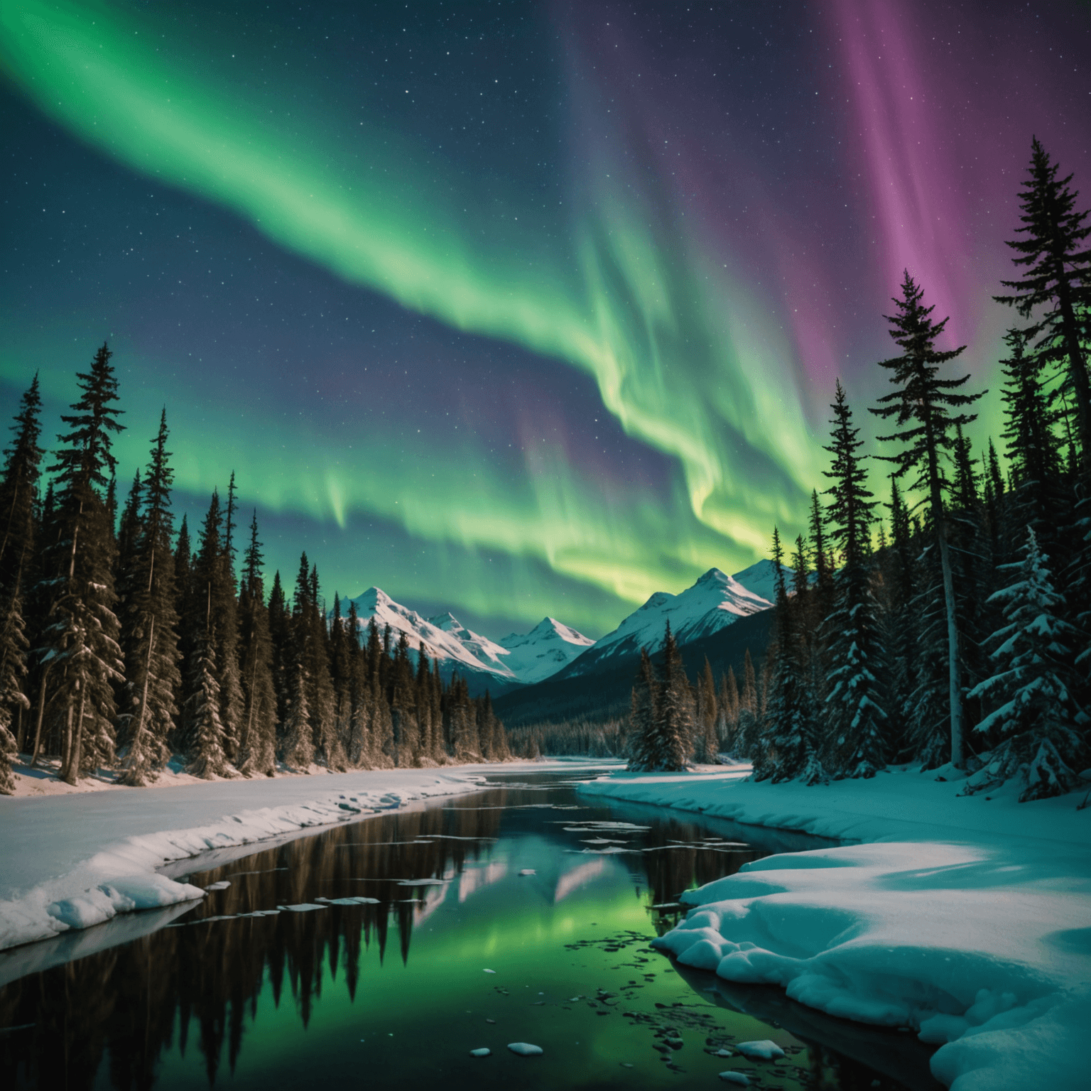 Snowmobiler under the Northern Lights in Alaska, with vibrant colors lighting up the sky.