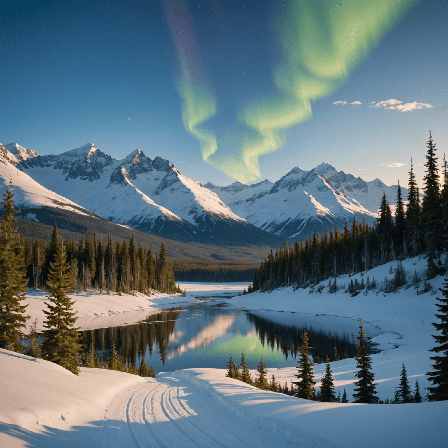 Snowmobile trail in Chugach State Park with mountains in the background