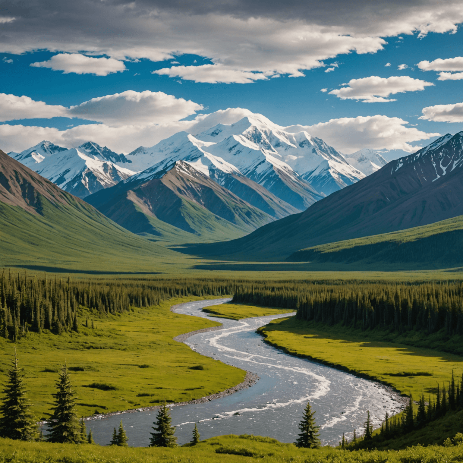 A panoramic view of Denali National Park with snow-capped mountains and lush green valleys.