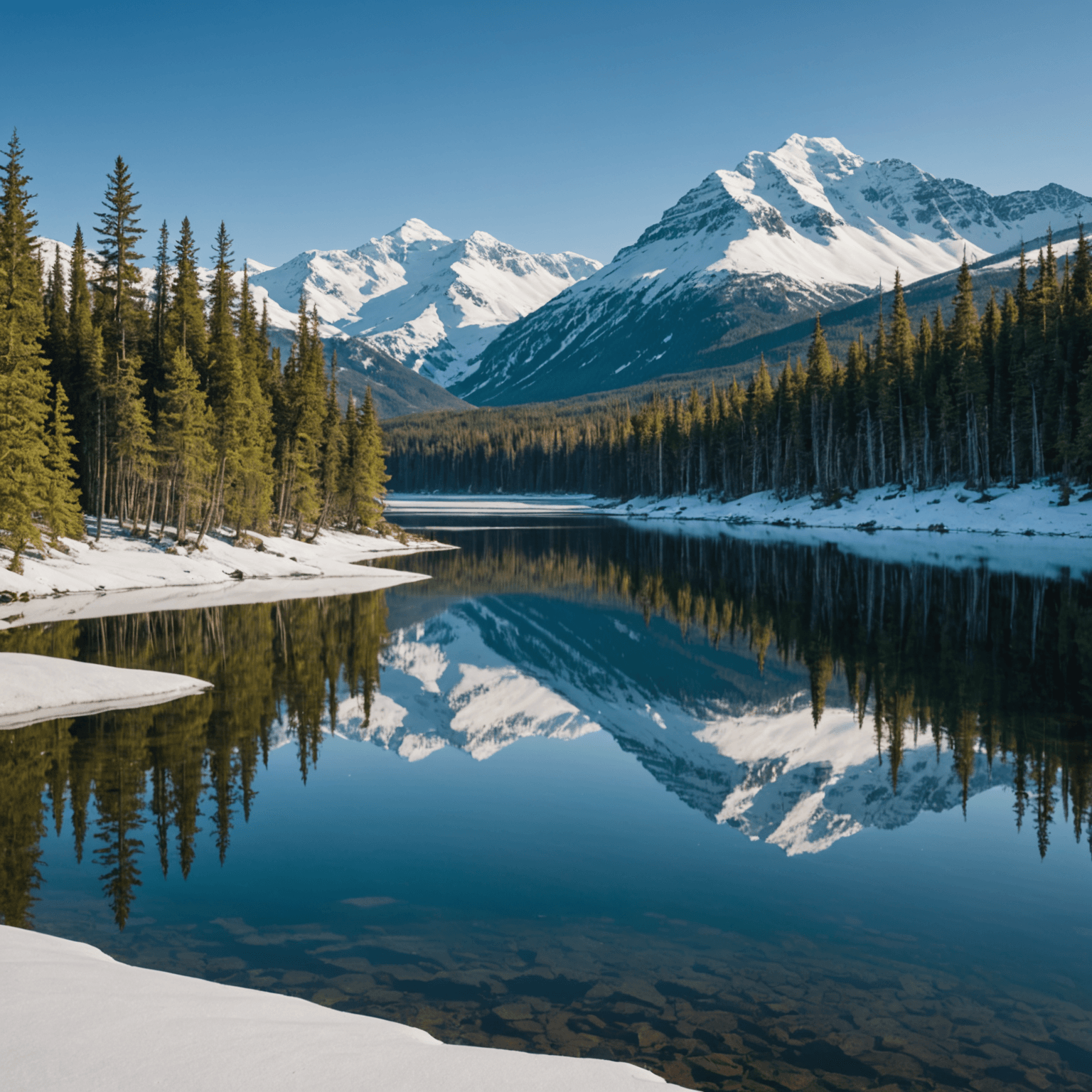 A serene lake surrounded by dense forest with a reflection of the clear blue sky.