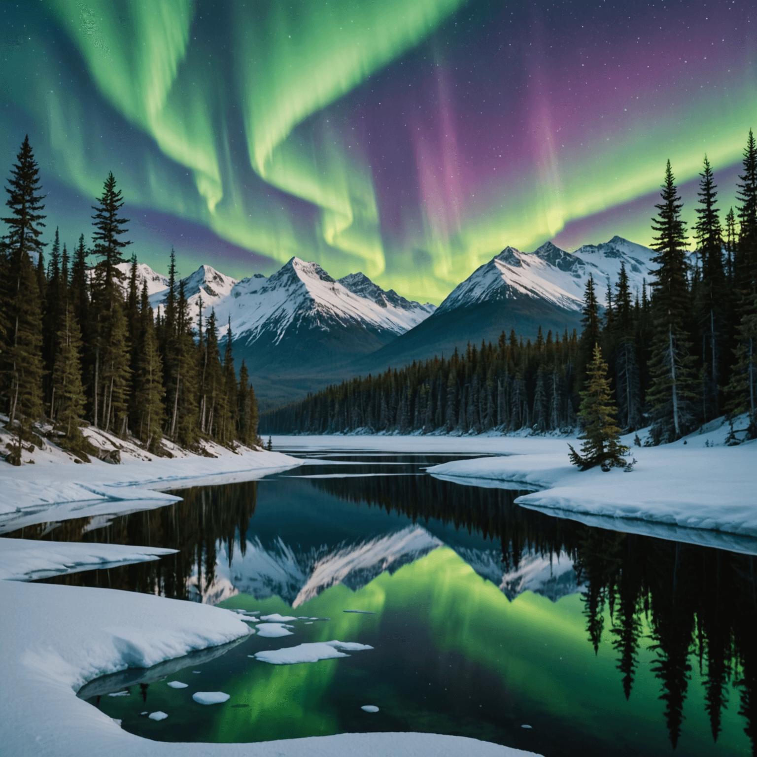 A majestic view of the aurora borealis over a snowy Alaskan landscape, as seen from the Aurora Winter Train.