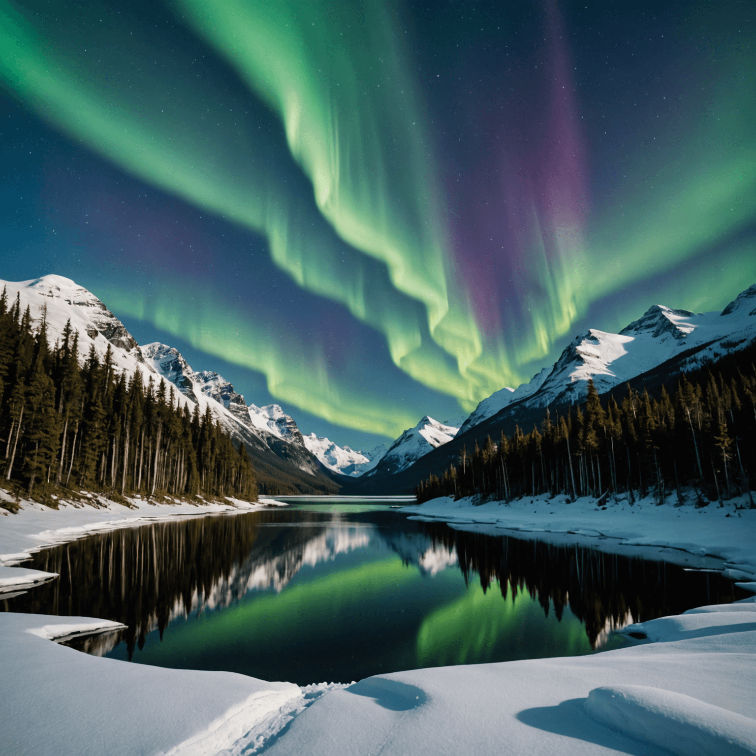A cozy Alaskan cabin surrounded by snow, illuminated softly under the Northern Lights.