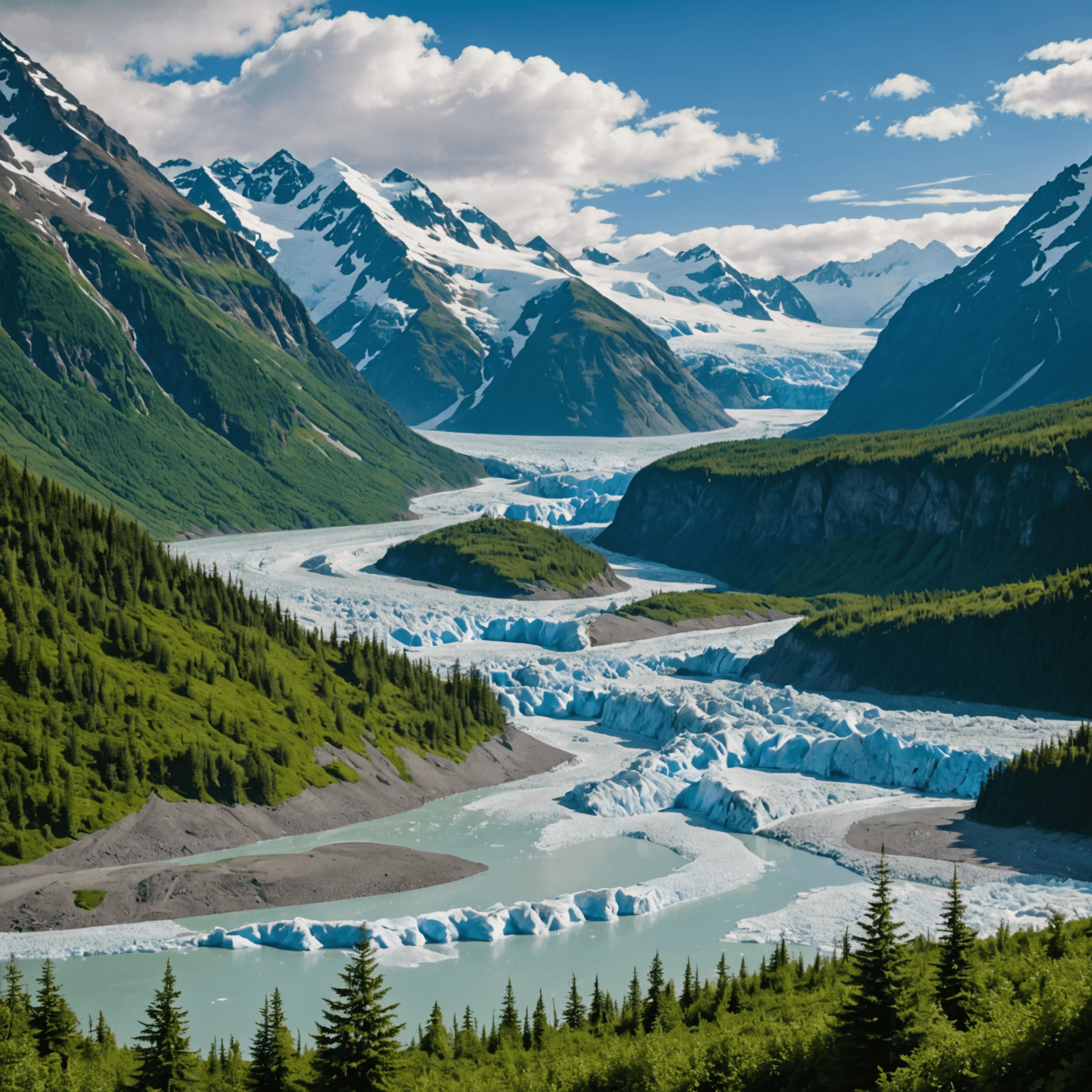 Scenic view of Spencer Glacier surrounded by lush summer greenery
