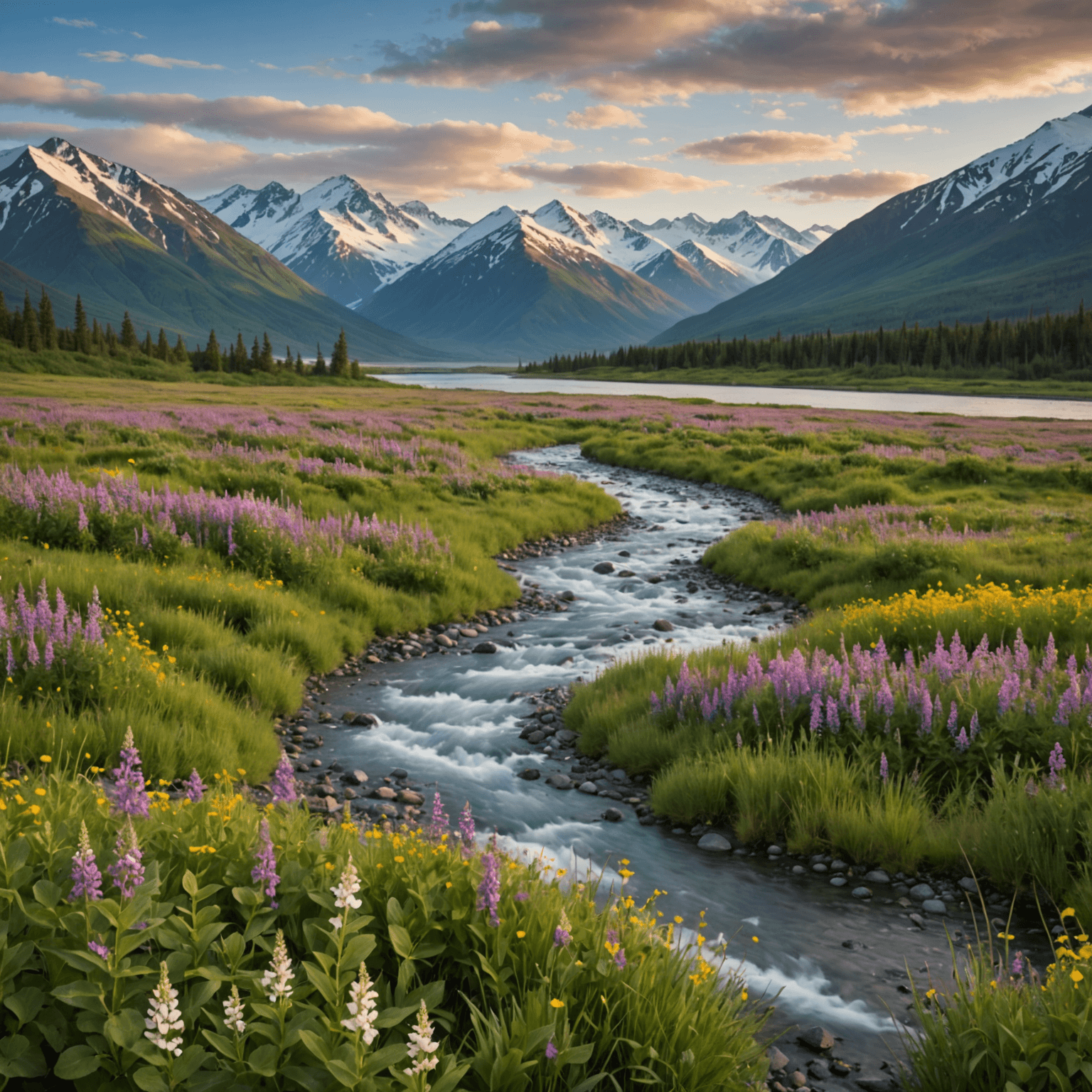 A panoramic view of Turnagain Pass with snow-capped mountains and lush green valleys.