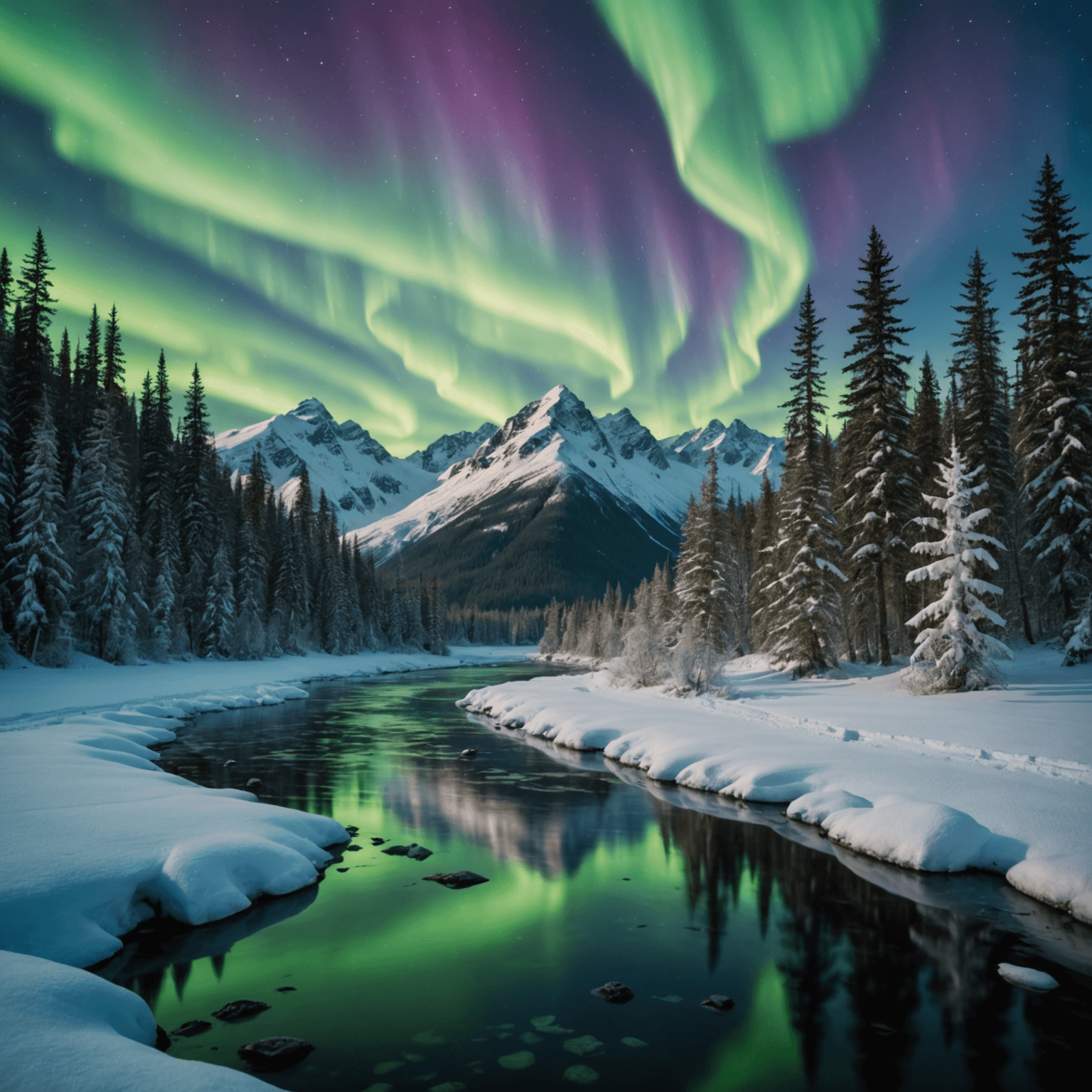 A team of sled dogs pulling a sled through a snowy Alaskan landscape