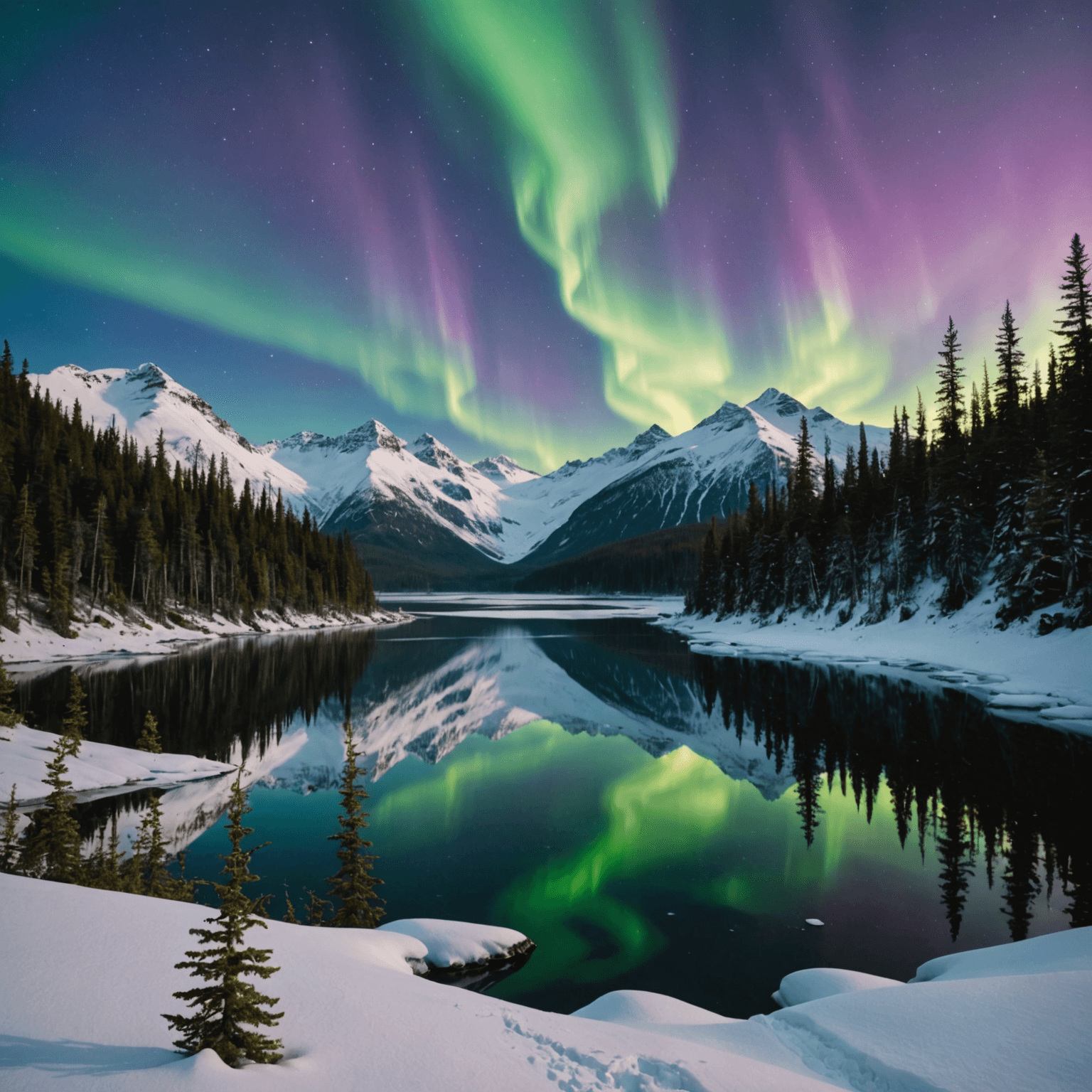 A cozy Alaskan restaurant with a fireplace and snow-covered windows
