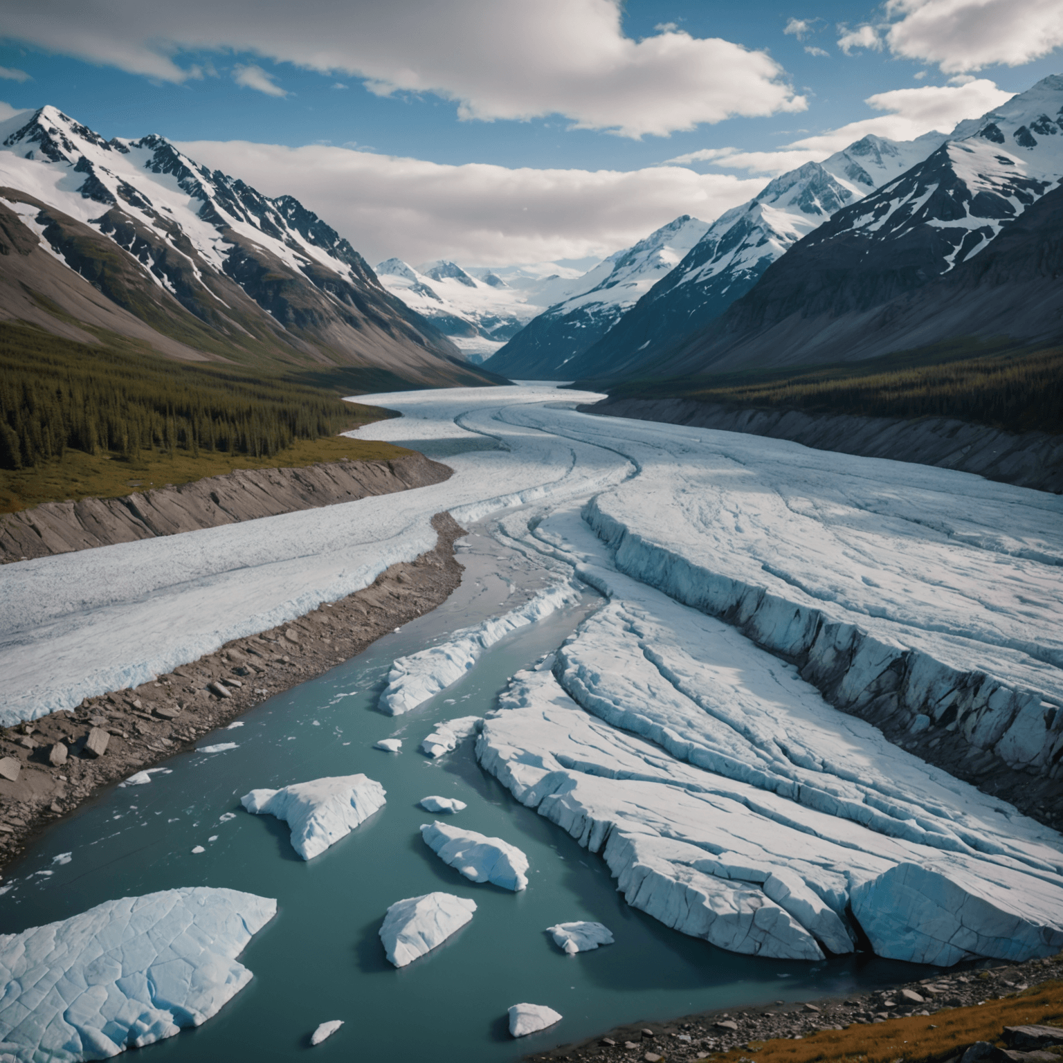 A panoramic view of a glacier with icy blue hues against a backdrop of rugged mountains