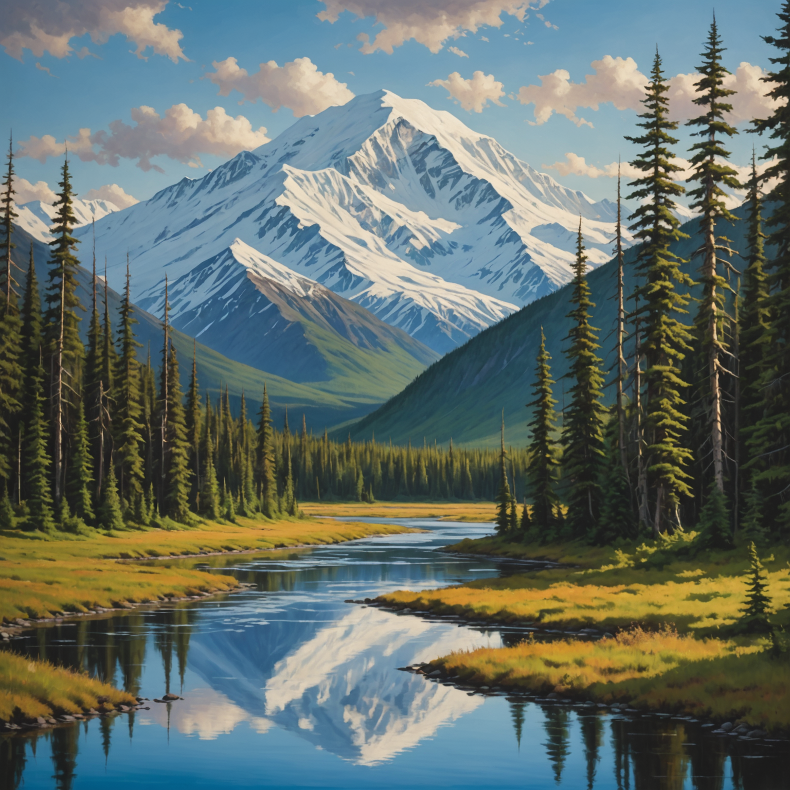 A scenic view of Denali National Park with Denali mountain in the background.