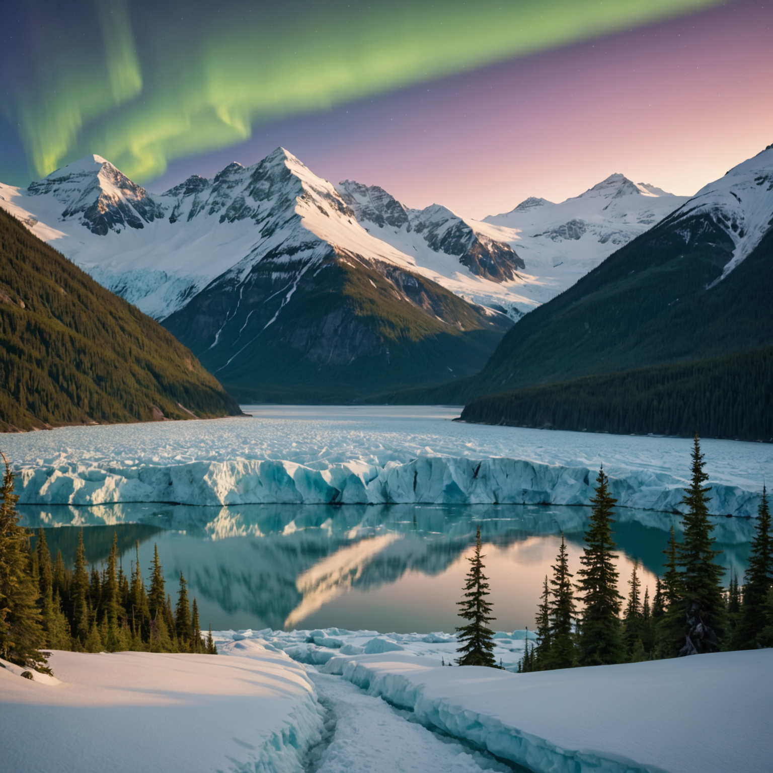 A breathtaking view of a glacier with a helicopter landing on it, surrounded by mountains.