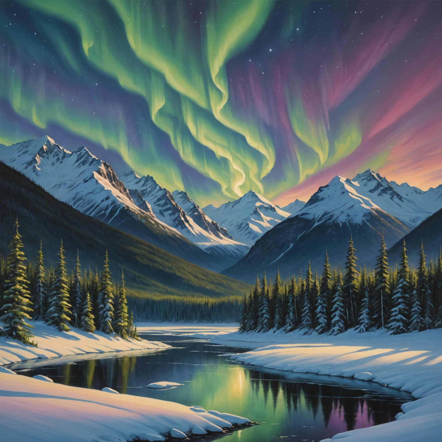 A scenic snow-covered landscape with snowmobiles on a trail