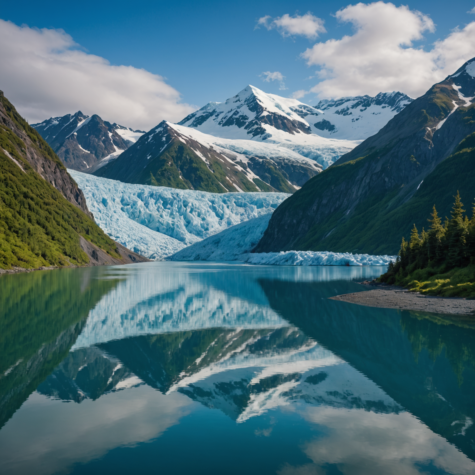 A stunning view of Portage Glacier with its icy blue hues reflecting in the lake.