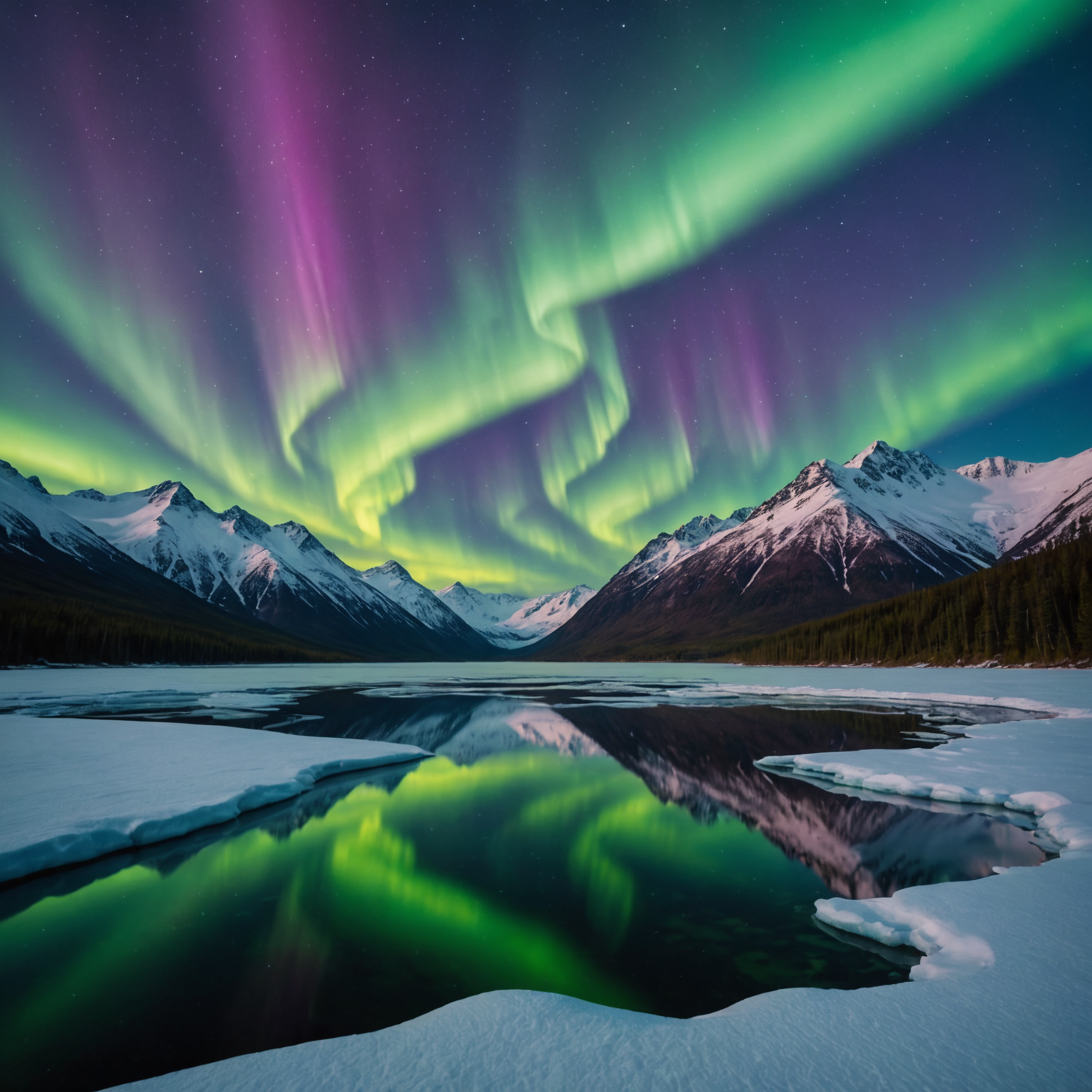 Aurora Borealis illuminating the night sky over a snowy landscape in Portage, Alaska.