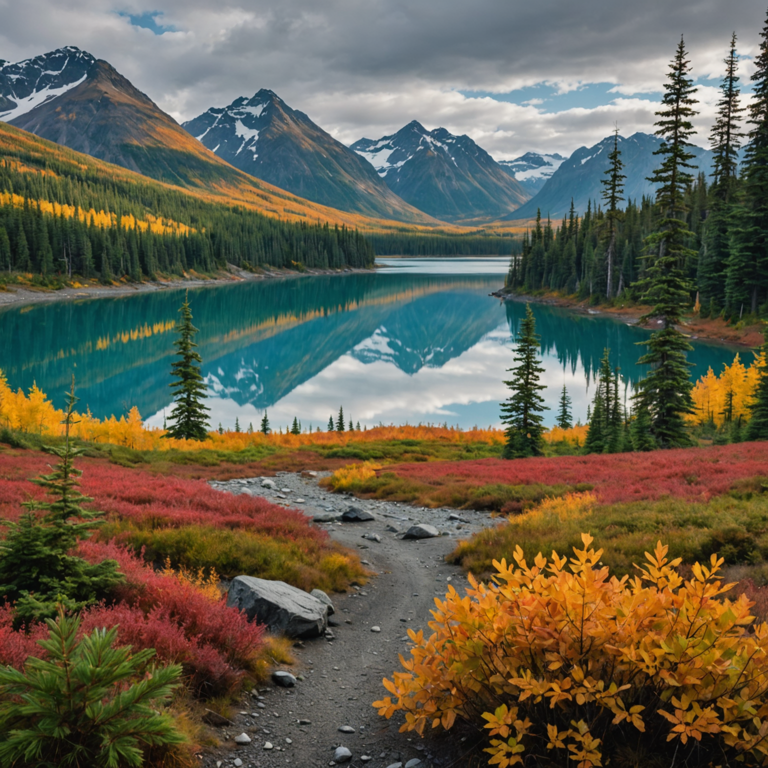 A vibrant autumn scene along the Trail of Blue Ice, with colorful foliage and a glimpse of distant glaciers.