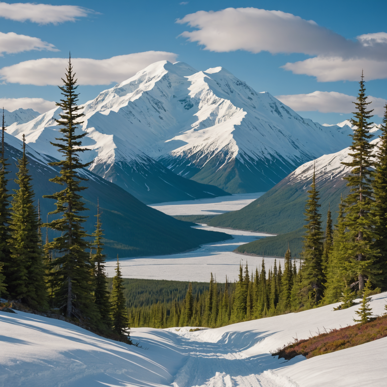 Scenic aerial view of Denali mountain with a small aircraft in the foreground.