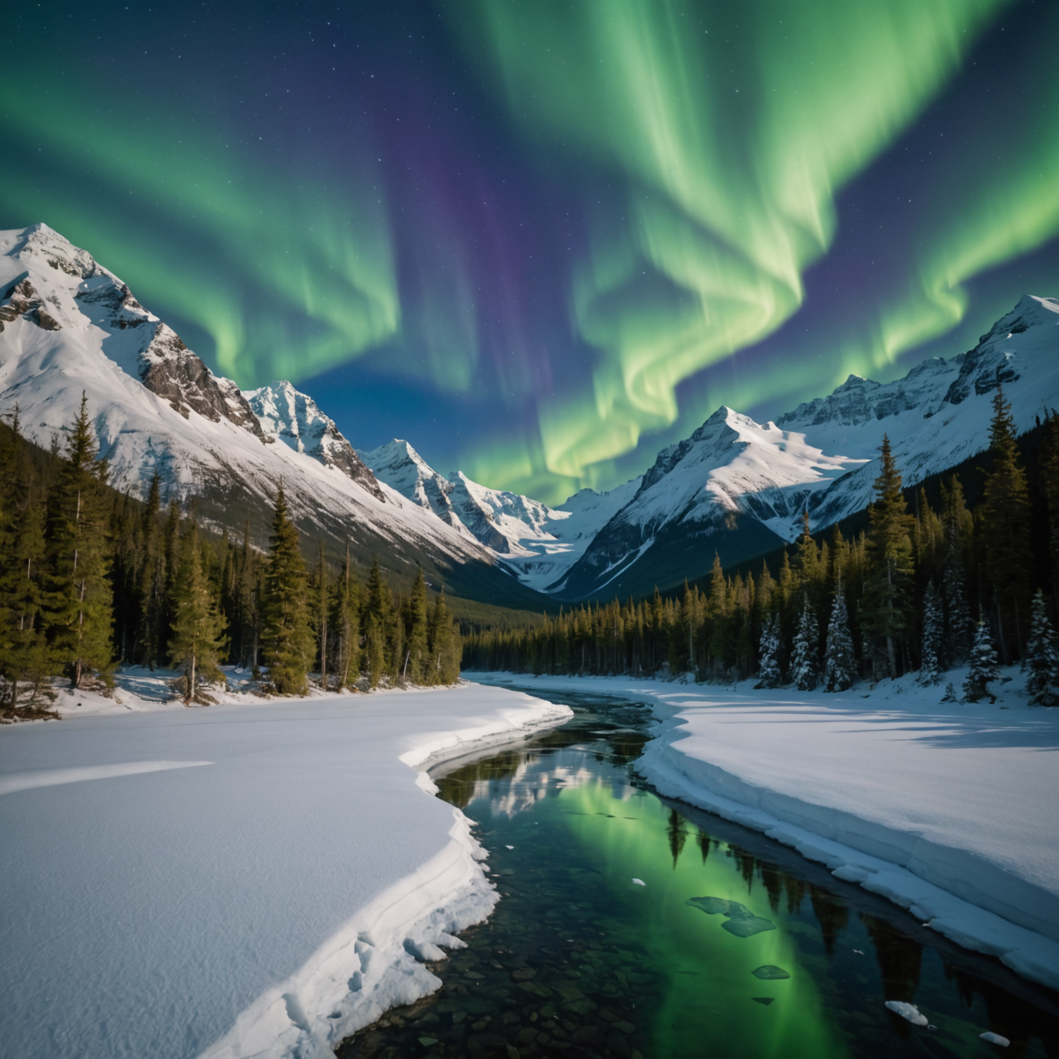 A stunning view of the northern lights dancing over an Alaskan landscape.