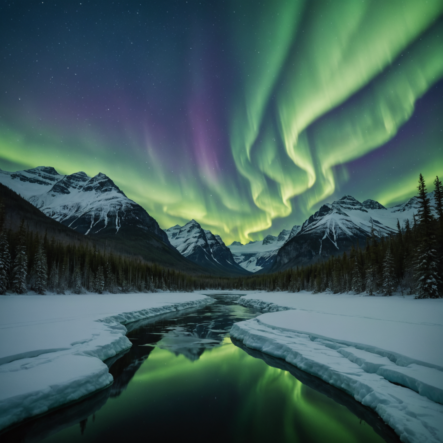 A picturesque scene of a train winding through Alaska's snowy mountains.