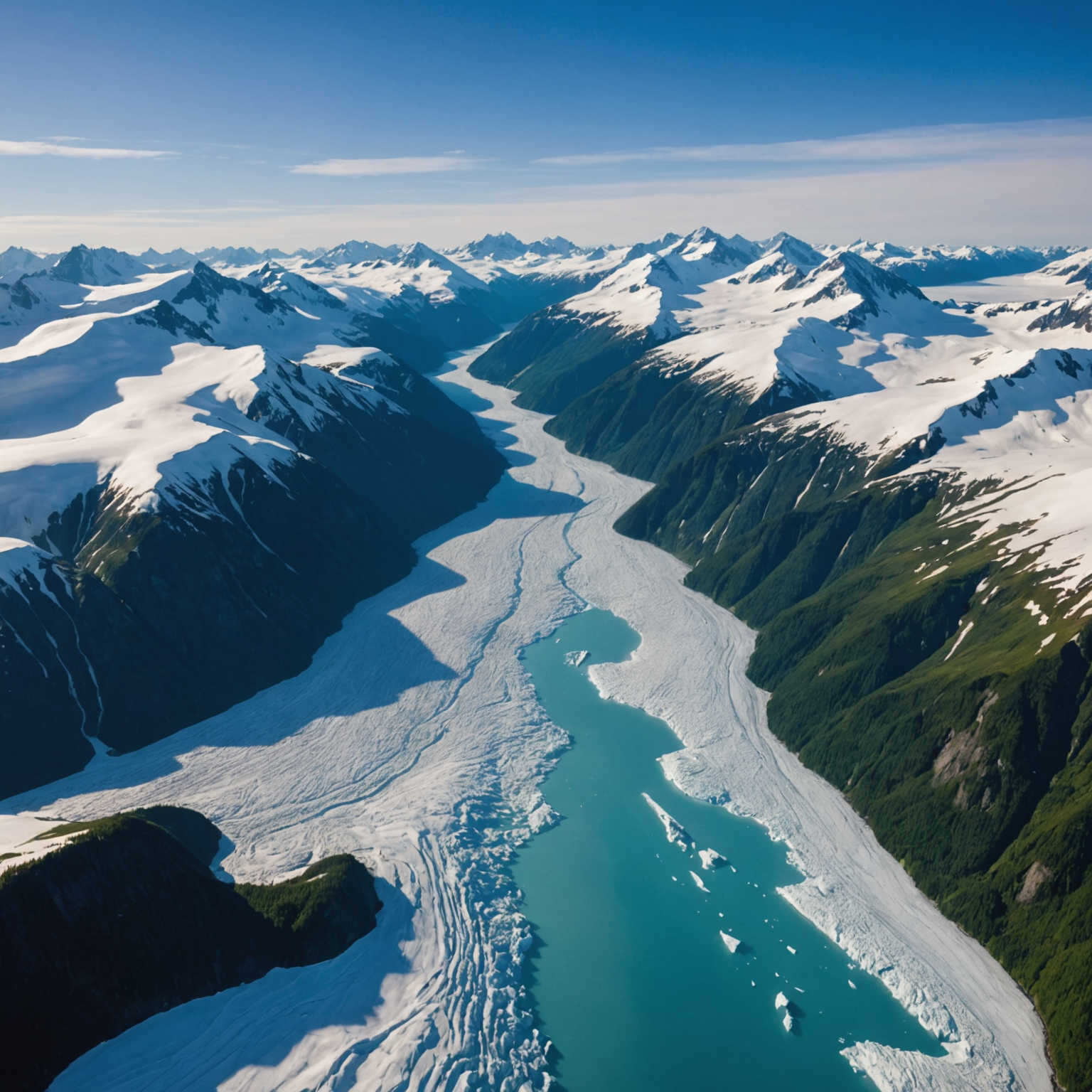 Aerial view of Kenai Fjords National Park with glaciers and fjords