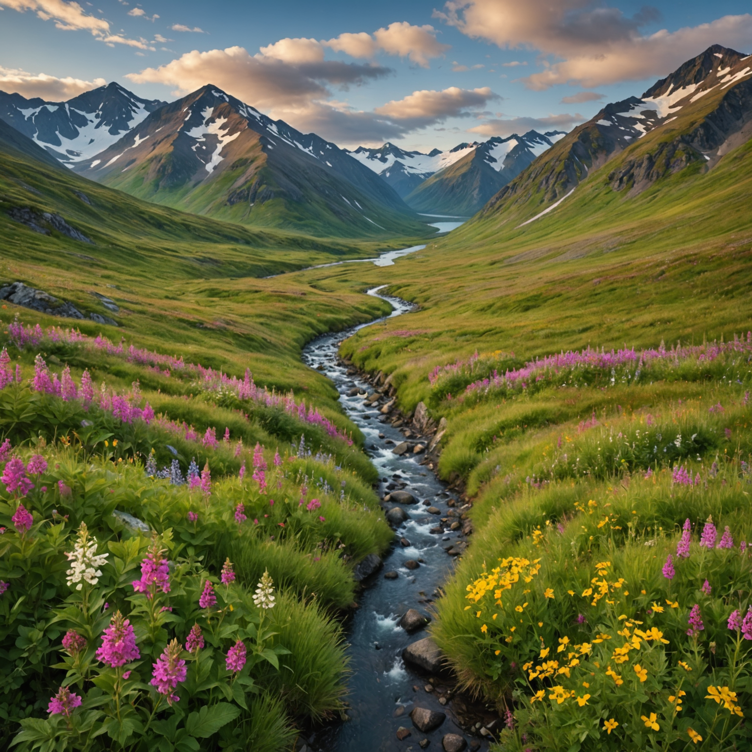 A panoramic view of Hatcher Pass Road in summer with wildflowers and mountains