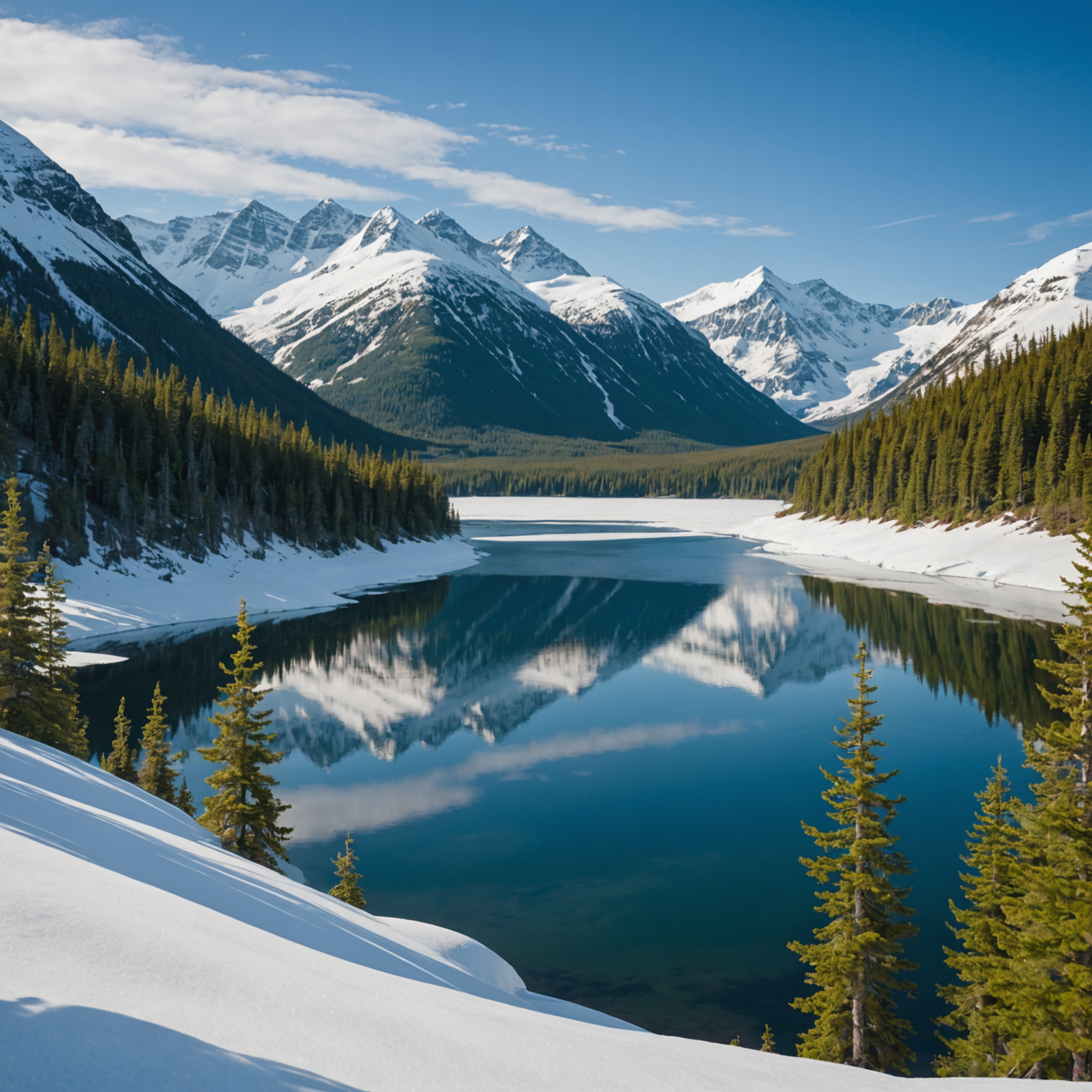 Snowmobilers racing across a snowy Alaskan landscape