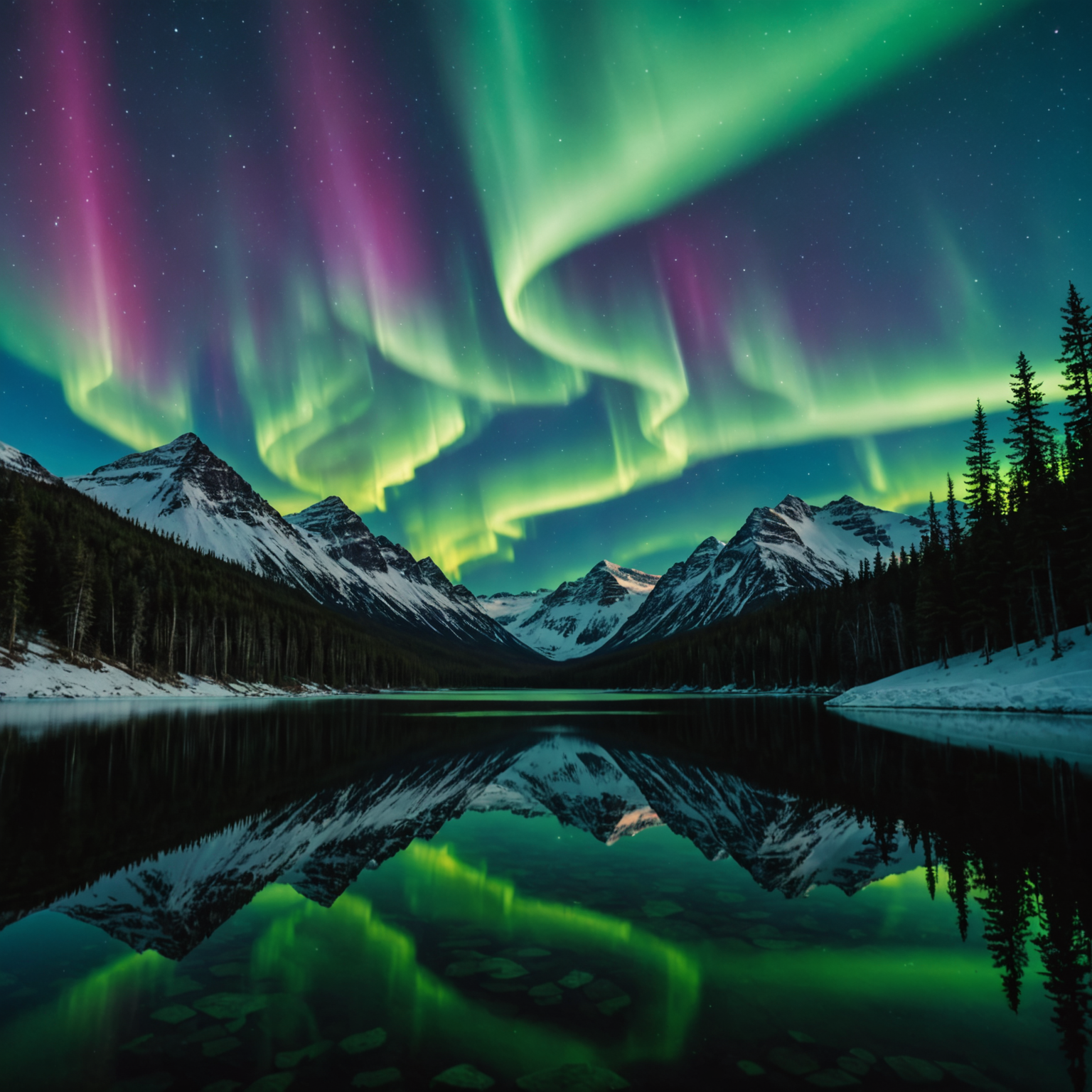 A vibrant display of the northern lights over a snowy Alaskan landscape