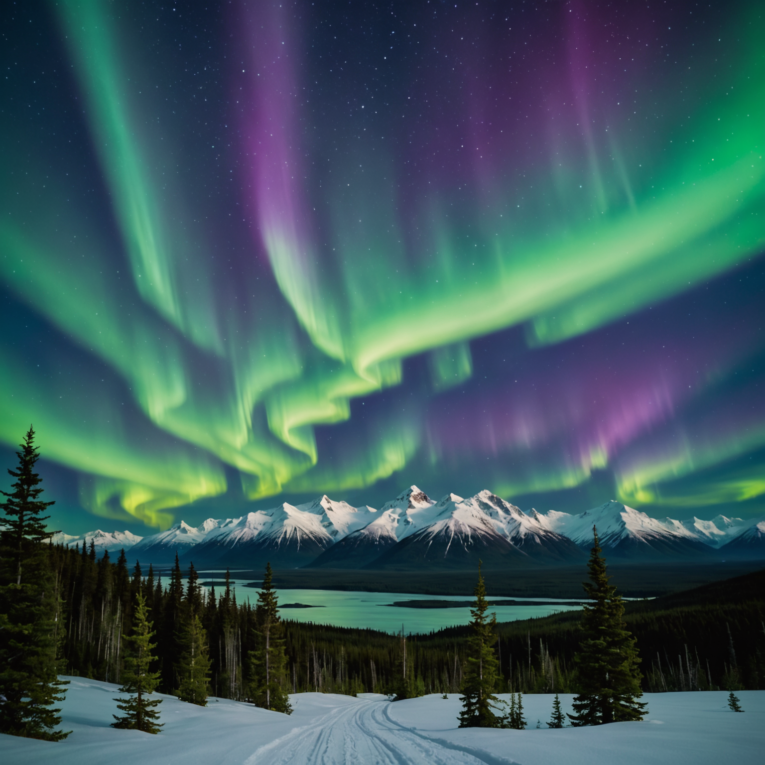 A stunning view of the Aurora Borealis above Flattop Mountain, with Anchorage city lights in the distance.