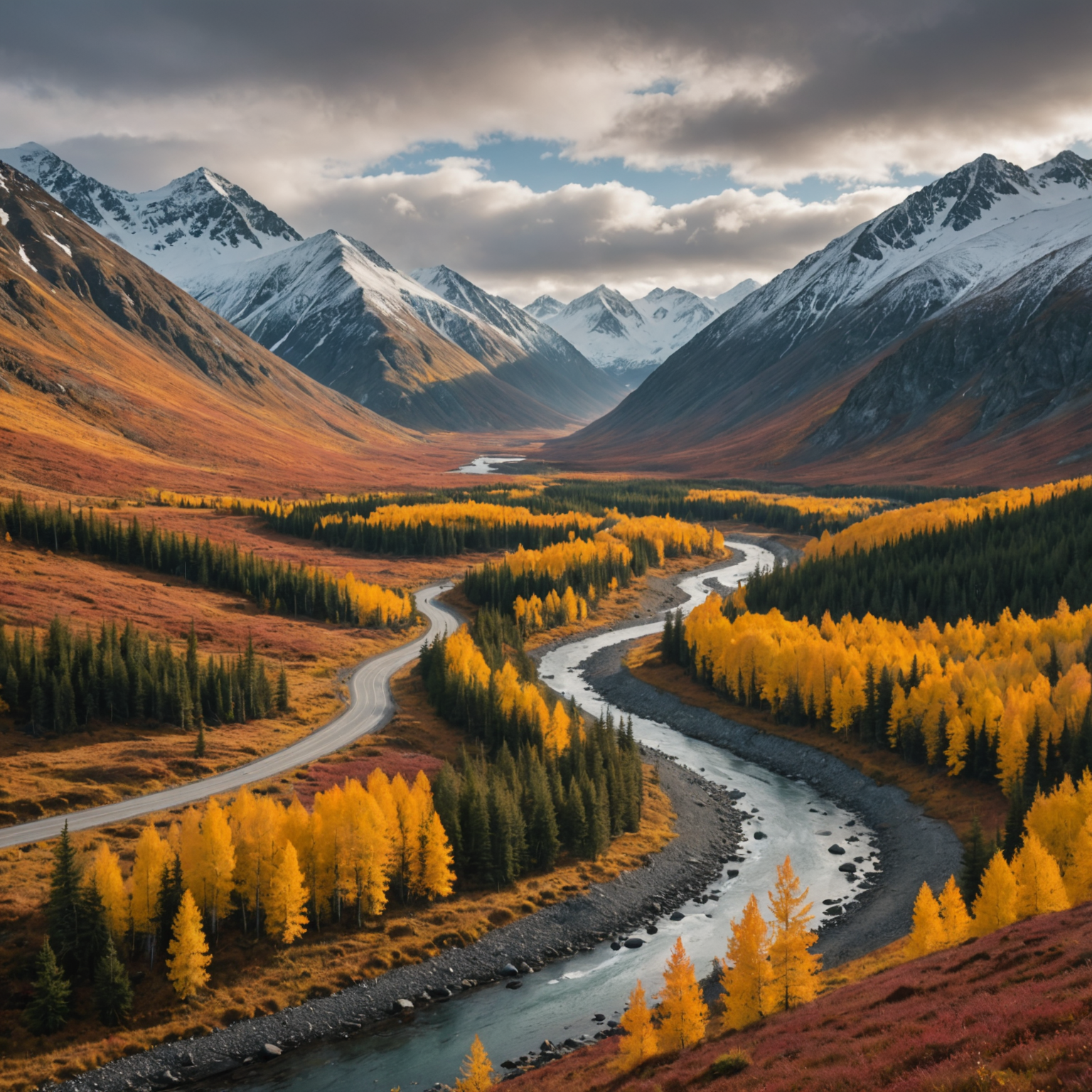 A panoramic view of Hatcher Pass Road during autumn