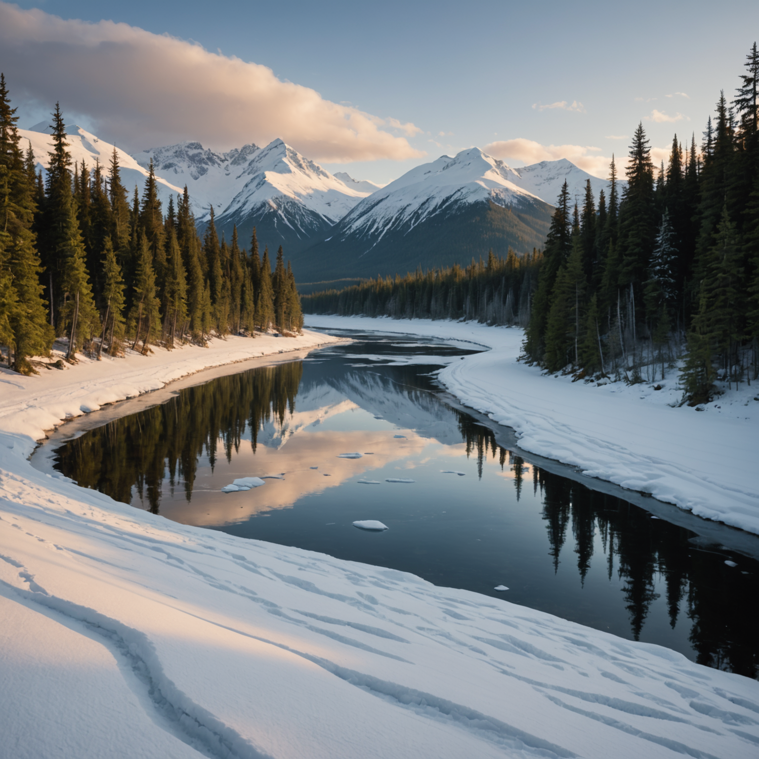 A scenic view of Hatcher Pass Lodge surrounded by snow-covered mountains