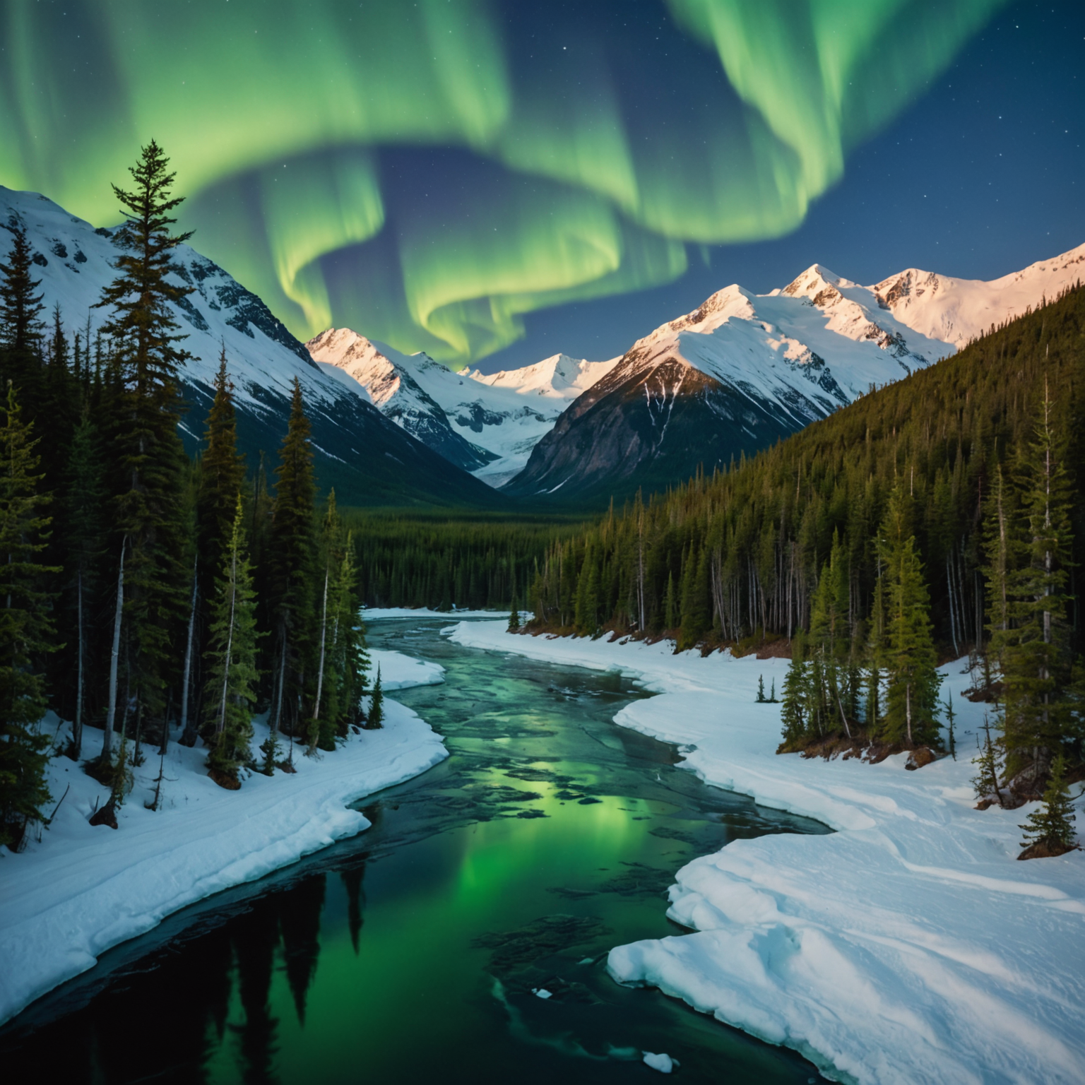A scenic view of snow-covered Alaskan terrain with a sled dog team in the foreground.