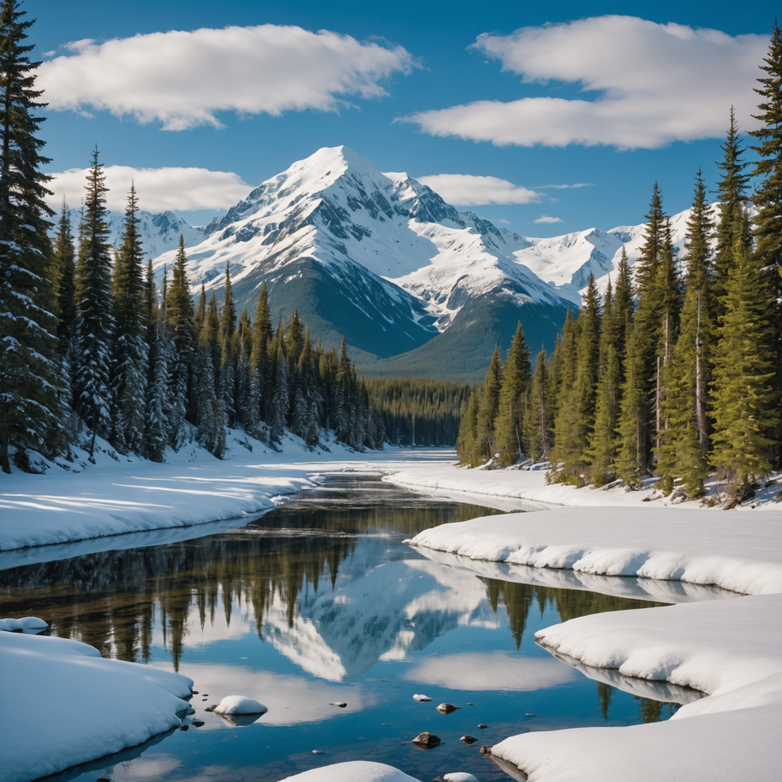 Snowmobilers cruising through a snowy mountain trail, surrounded by pine trees.
