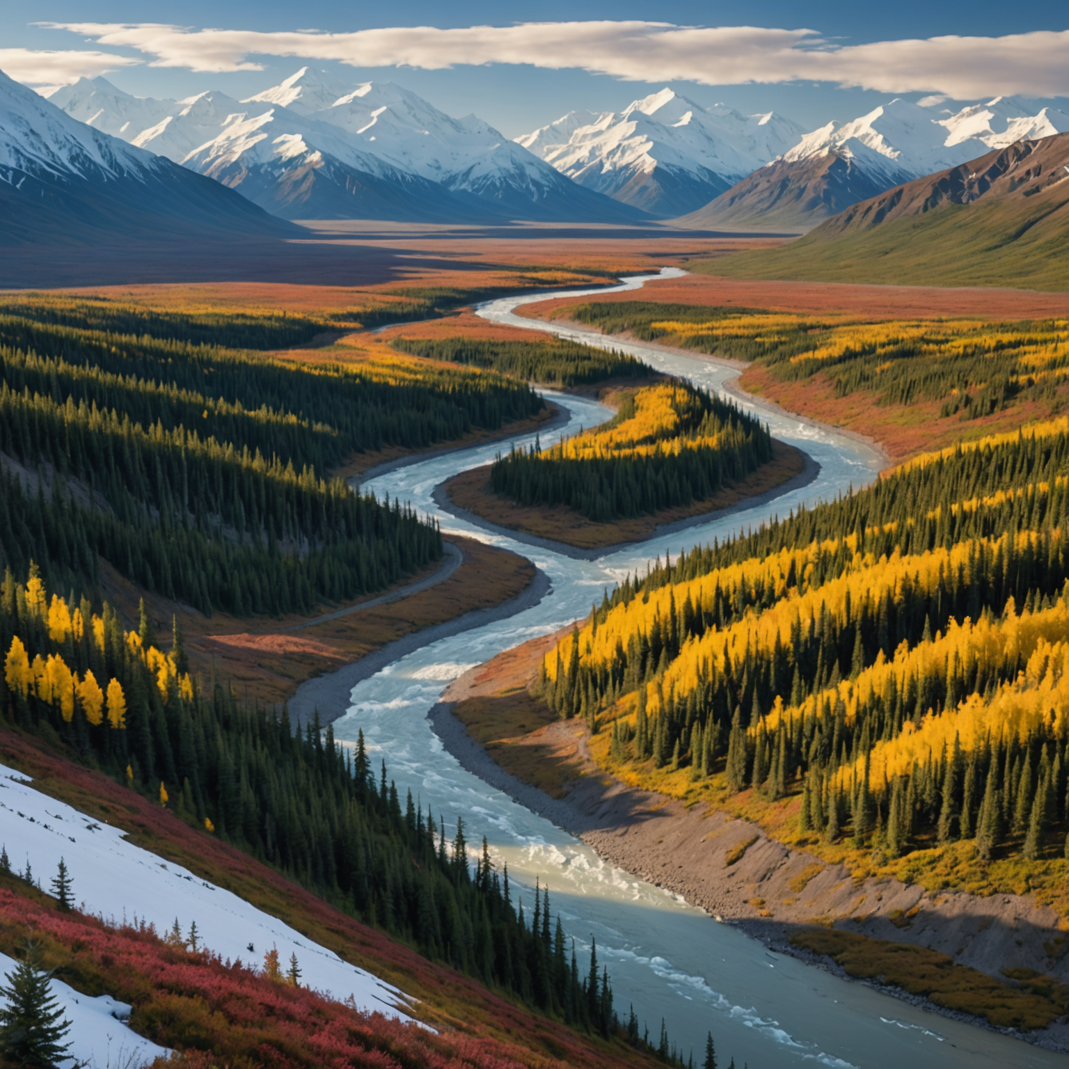 A panoramic view of Denali National Park blanketed in snow, capturing the serene beauty of its winter landscape.