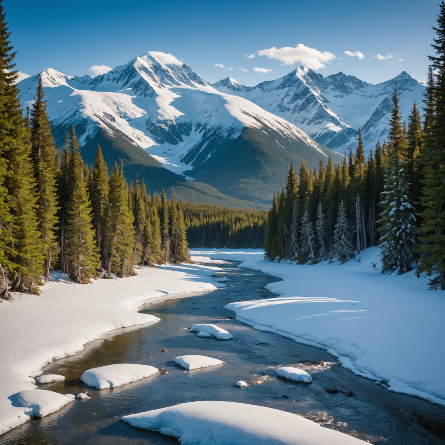A team of huskies pulling a sled through a snow-covered Alaskan landscape