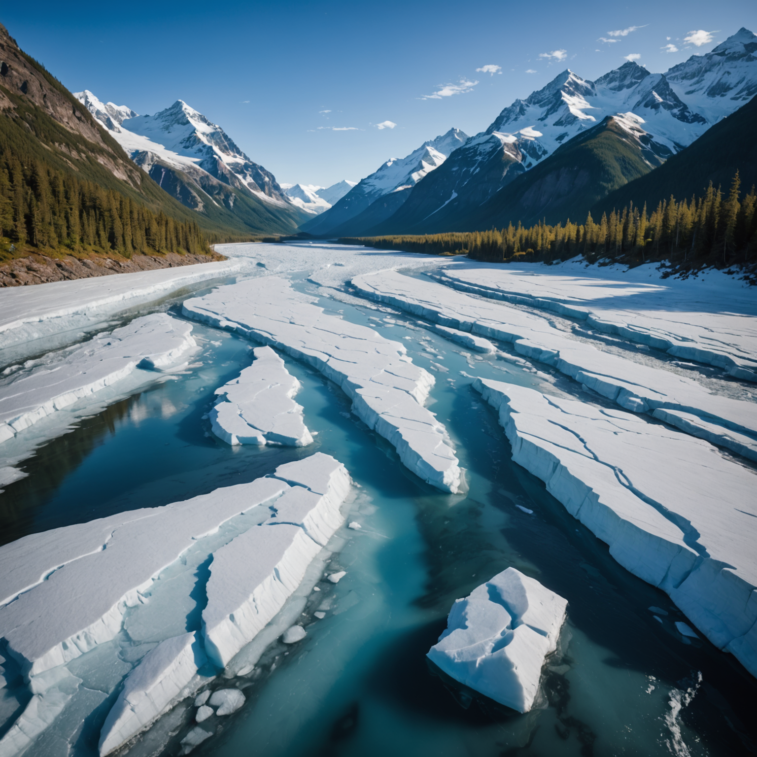 A panoramic view of an Alaskan glacier with ice formations and a clear blue sky