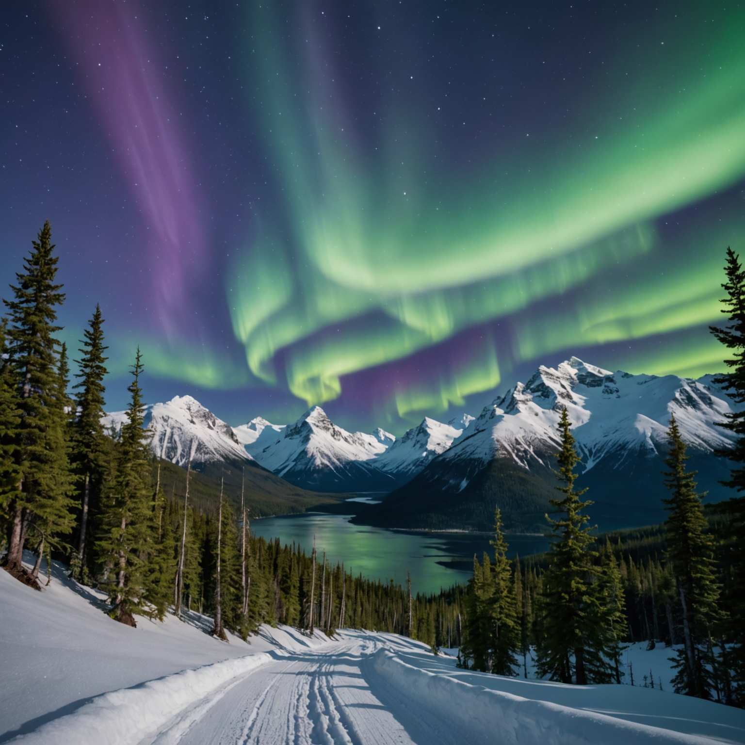 A scenic view of the Aurora Winter Train traveling through snow-covered landscapes with the northern lights visible in the sky.
