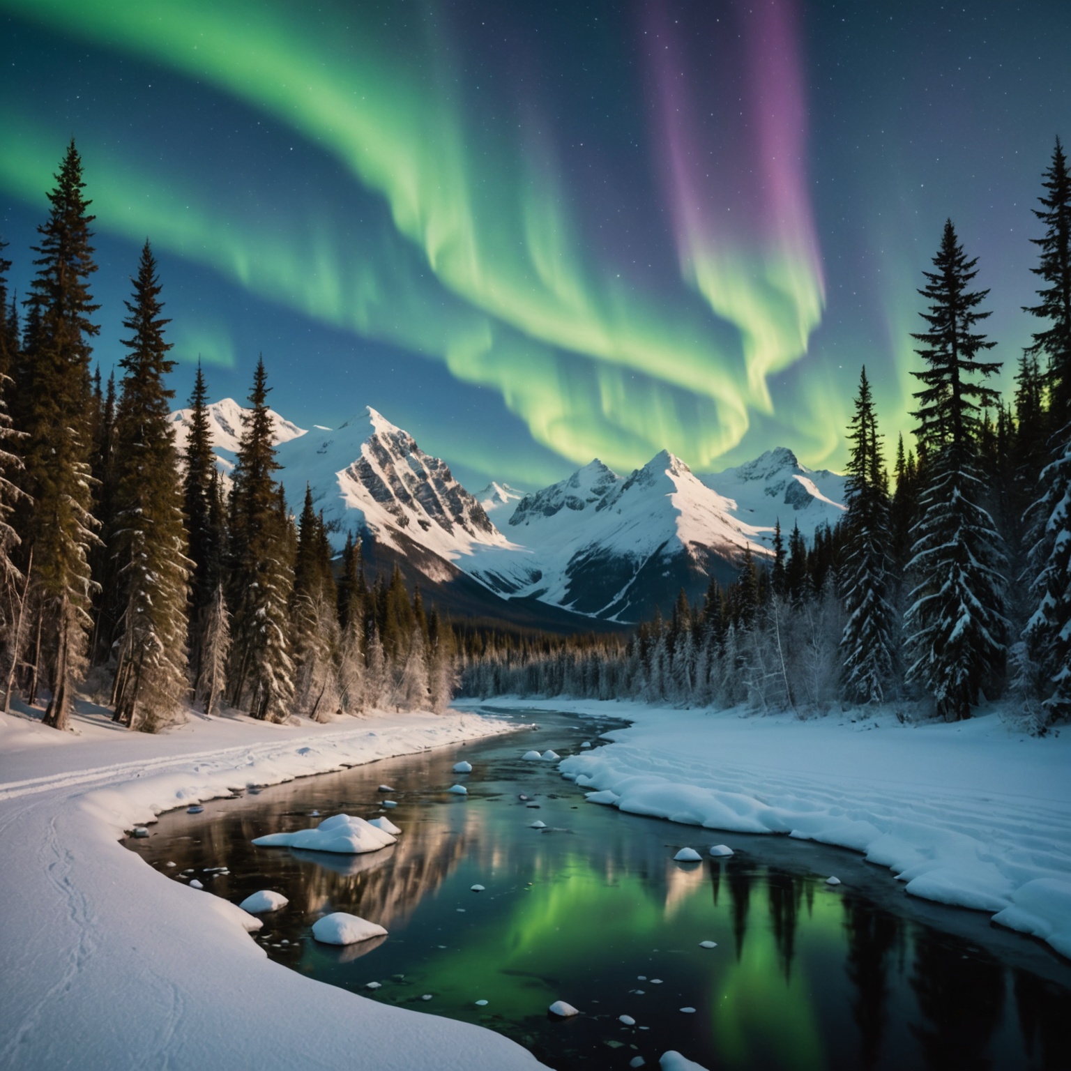 A festive train station with passengers preparing to embark on their winter train journey, surrounded by snow and twinkling lights.