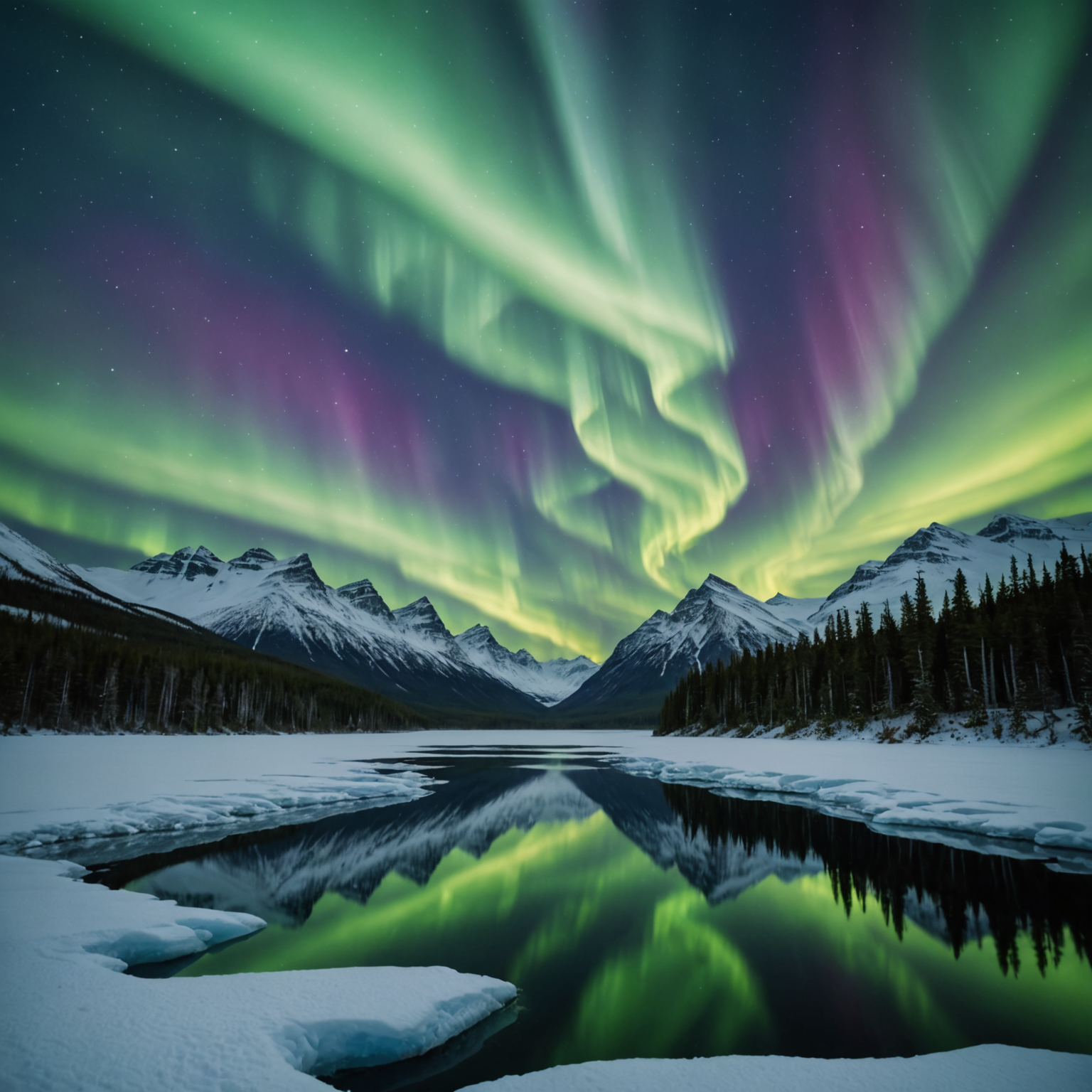 A stunning view of the northern lights over a snowy Alaskan landscape