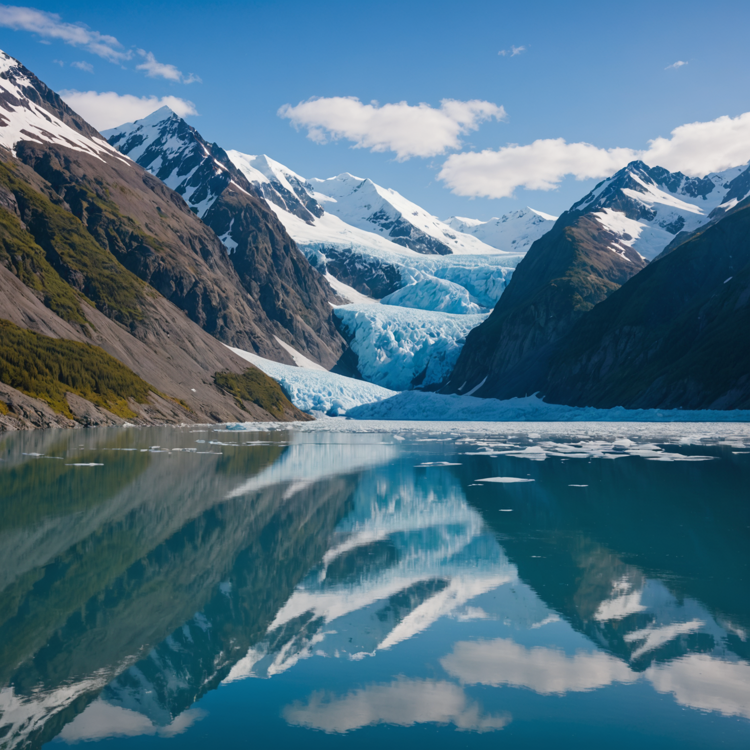 An awe-inspiring view of Portage Glacier with its icy blue expanse reflecting in the tranquil waters.