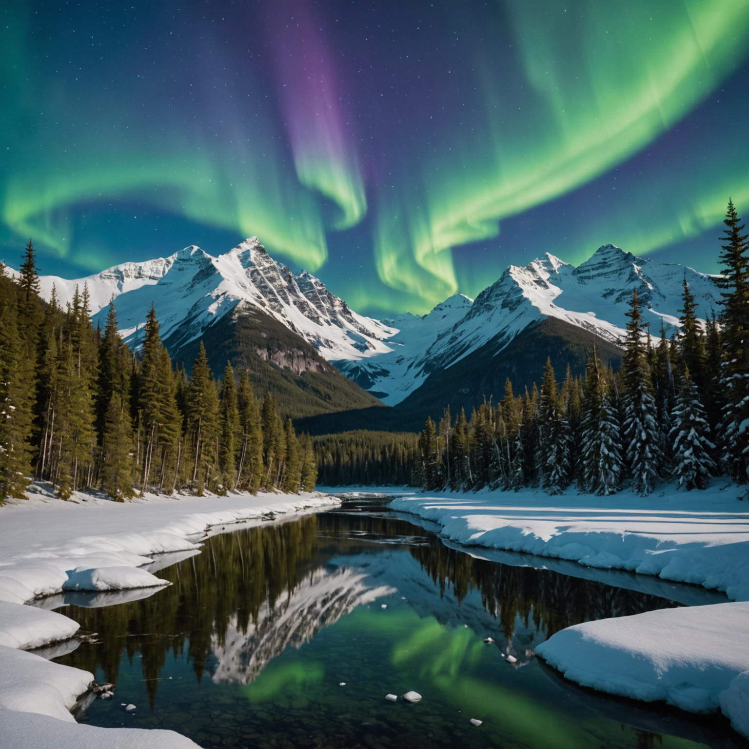 A snow machine in motion, carving through a snowy Alaskan landscape under the vibrant display of the northern lights.