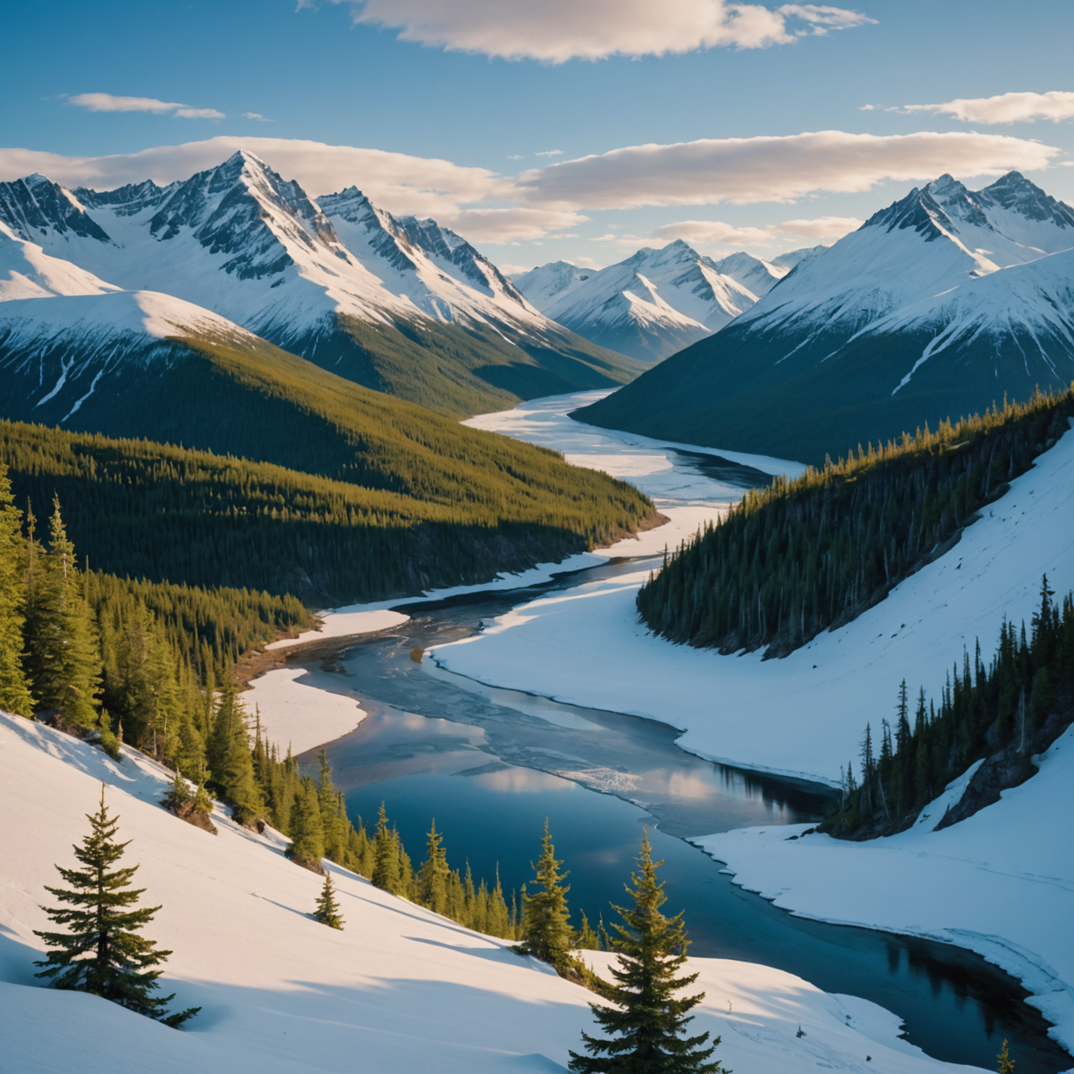Snow machines lined up against the backdrop of the Alaskan wilderness