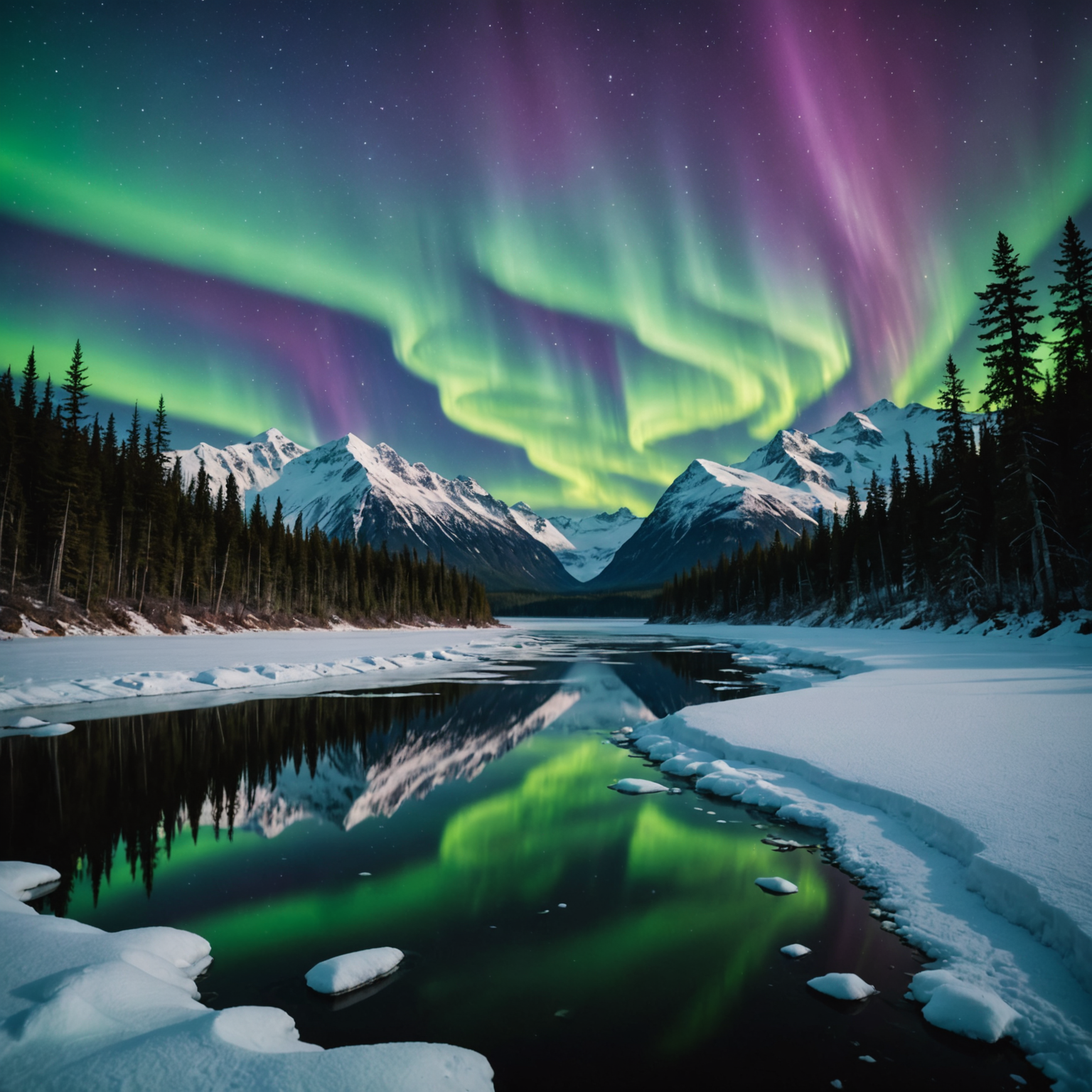 A breathtaking view of the aurora borealis over a snowy landscape