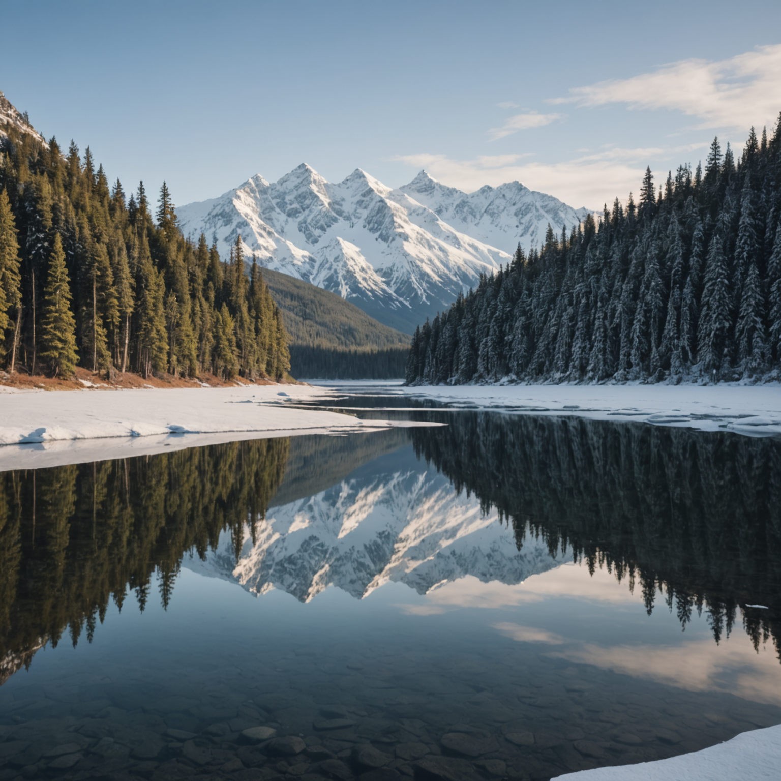 Ice fishing setup on a frozen lake with snow-capped mountains in the background