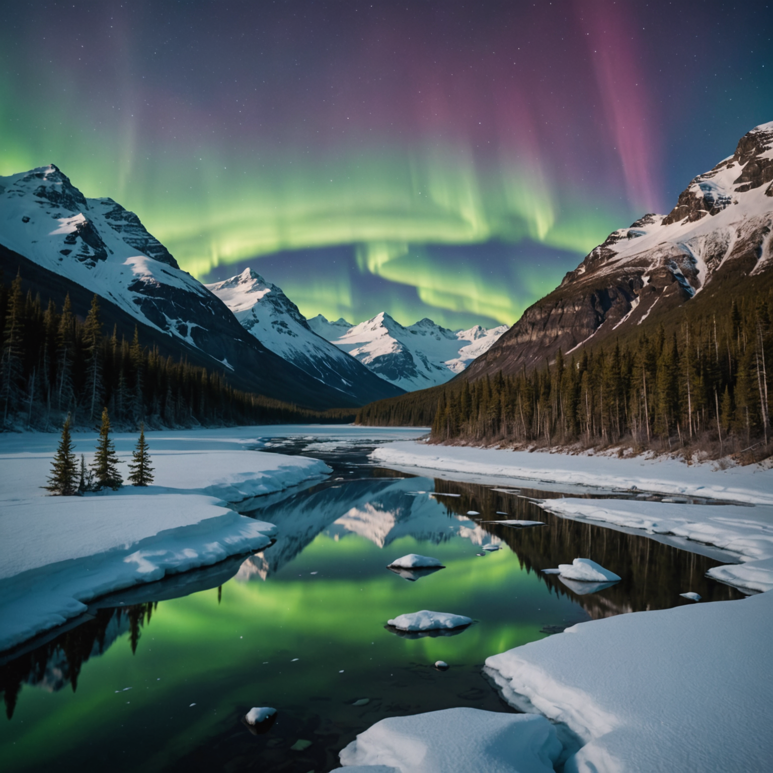 Snowmobiles traversing a snowy Alaskan landscape
