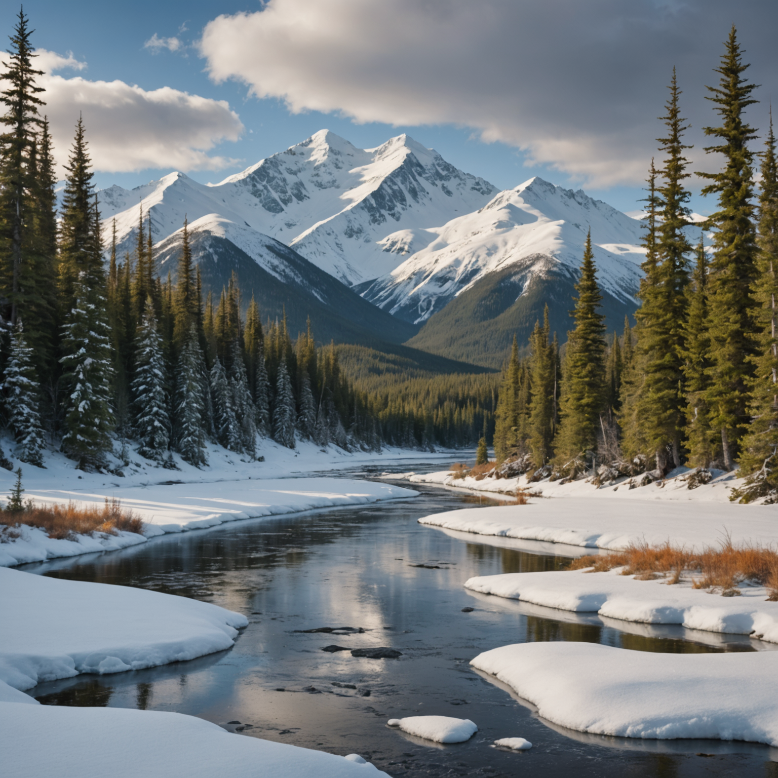 A group of snowmobilers on a snowy trail with mountains in the background.
