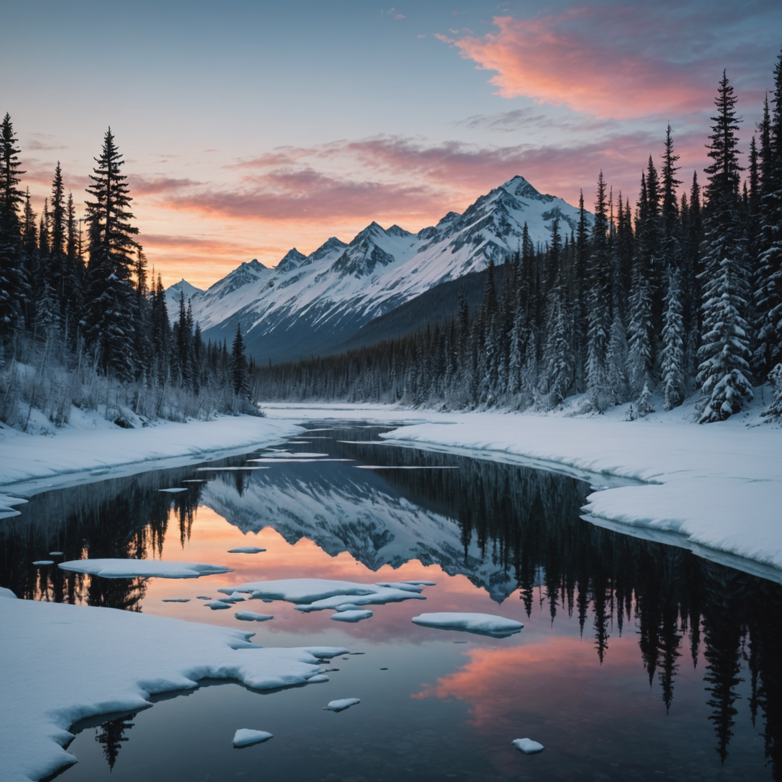 Snowmobiles parked in front of a picturesque Alaskan lodge with a snowy landscape.