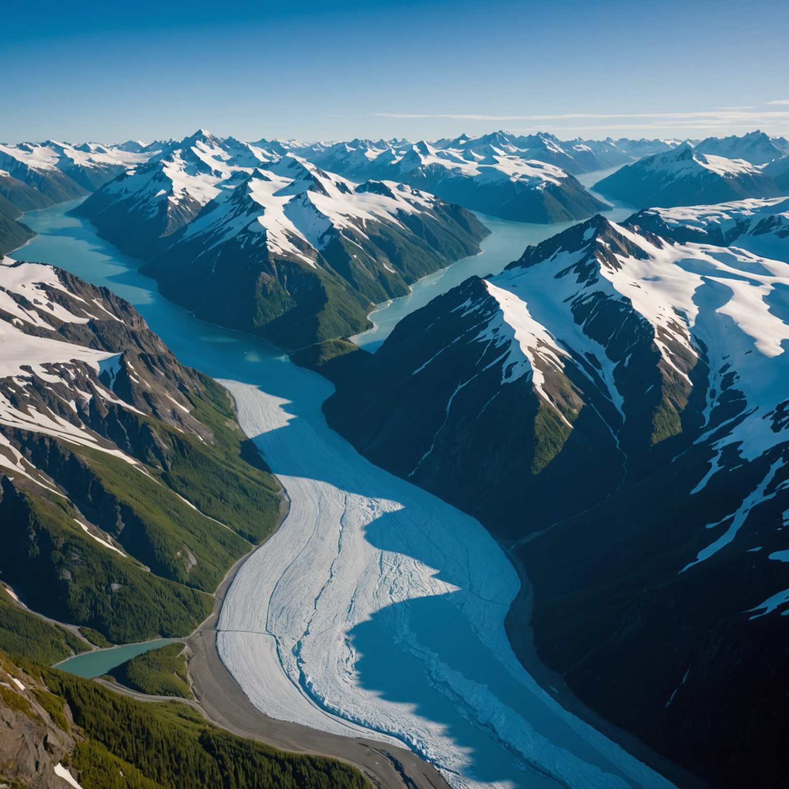 An aerial view of a glacier in Kenai Fjords National Park with vibrant blue ice and surrounding mountains.