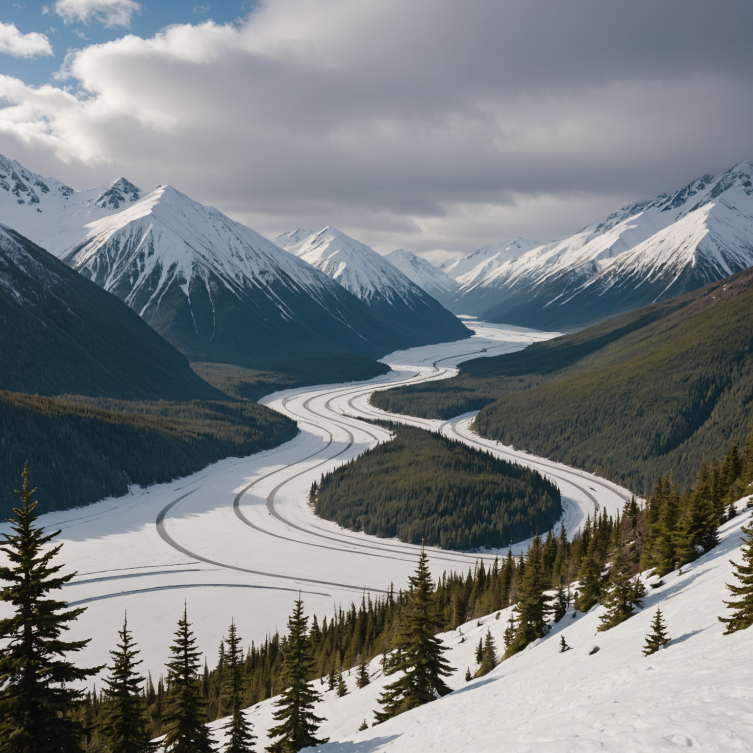 A panoramic view of the Seward Highway winding through the snow-covered mountains of Turnagain Pass.