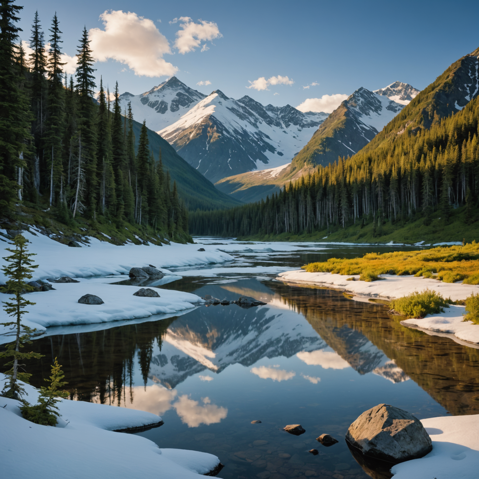 A bear catching salmon in a river with a lush Alaskan backdrop